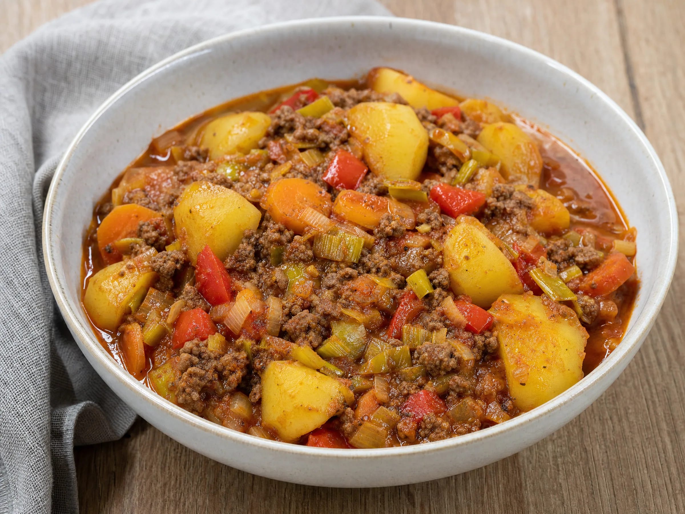Bauerntopf mit Hackfleisch, Kartoffeln und Paprika fertig angerichtet