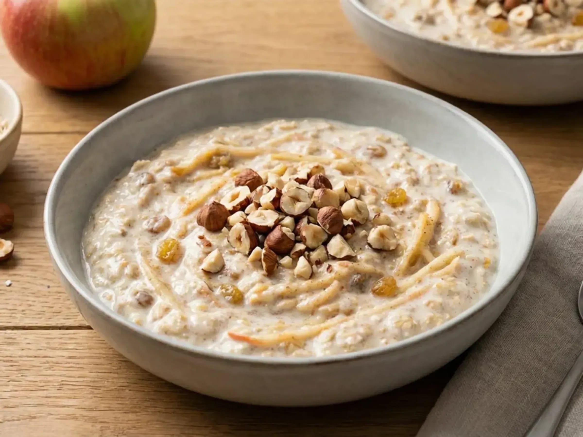Cremiges Bircher Müsli mit Apfelstreifen, Rosinen und gehackten Haselnüssen