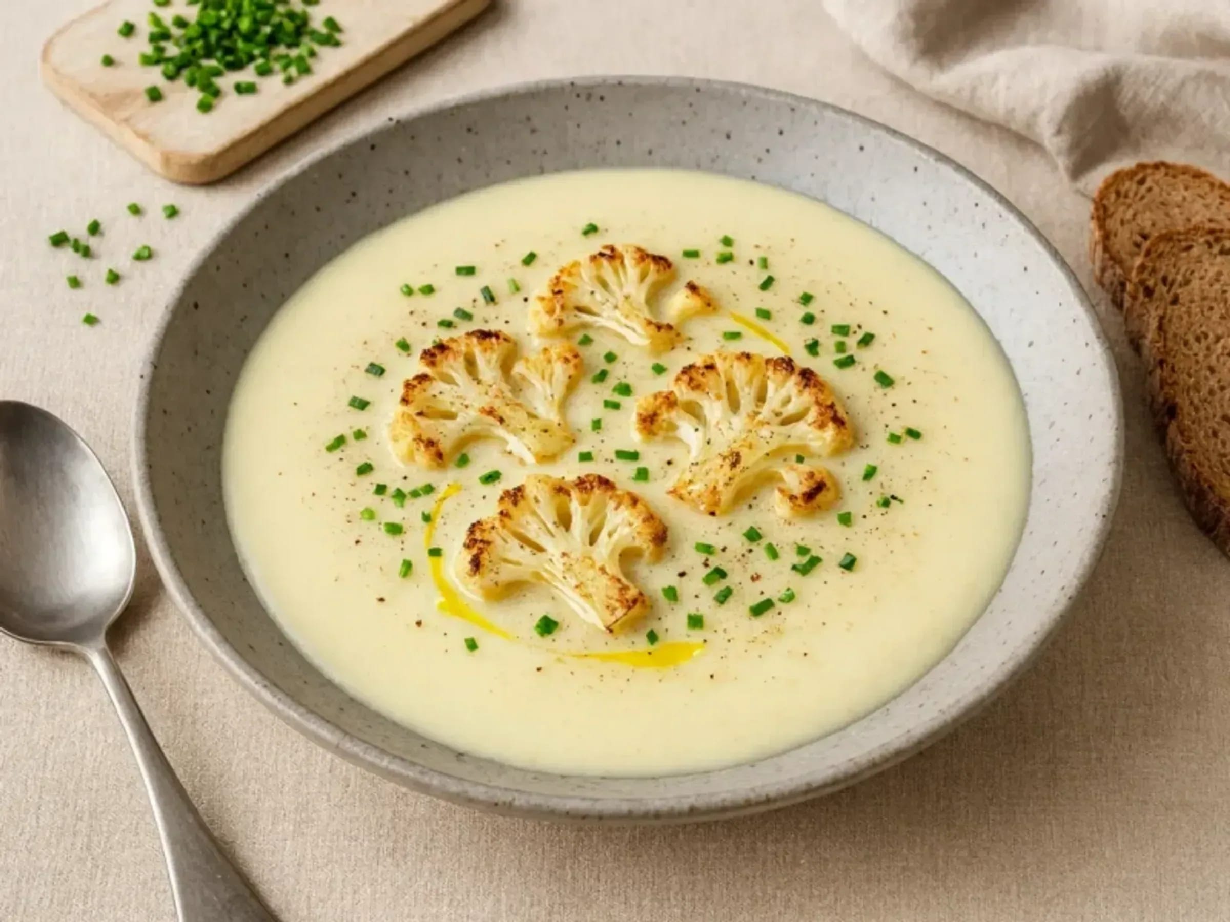Cremige Blumenkohlsuppe mit geröstetem Blumenkohl und Schnittlauch