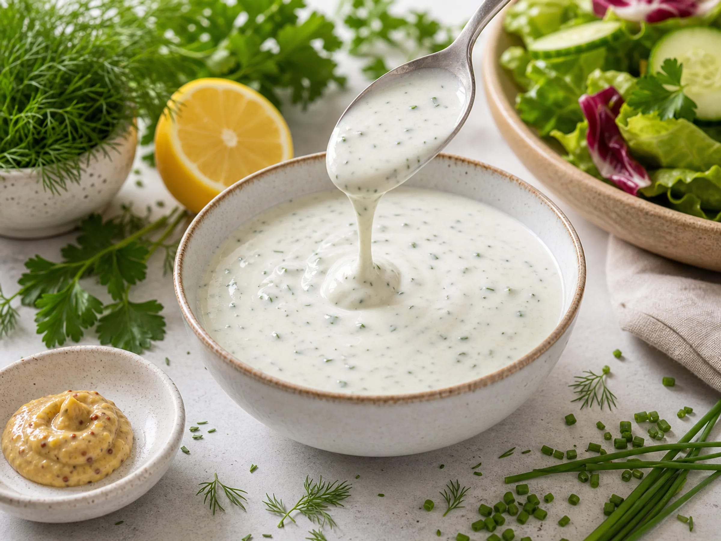 Cremiges Joghurt-Kräuter-Dressing in einer Schale mit frischen Kräutern