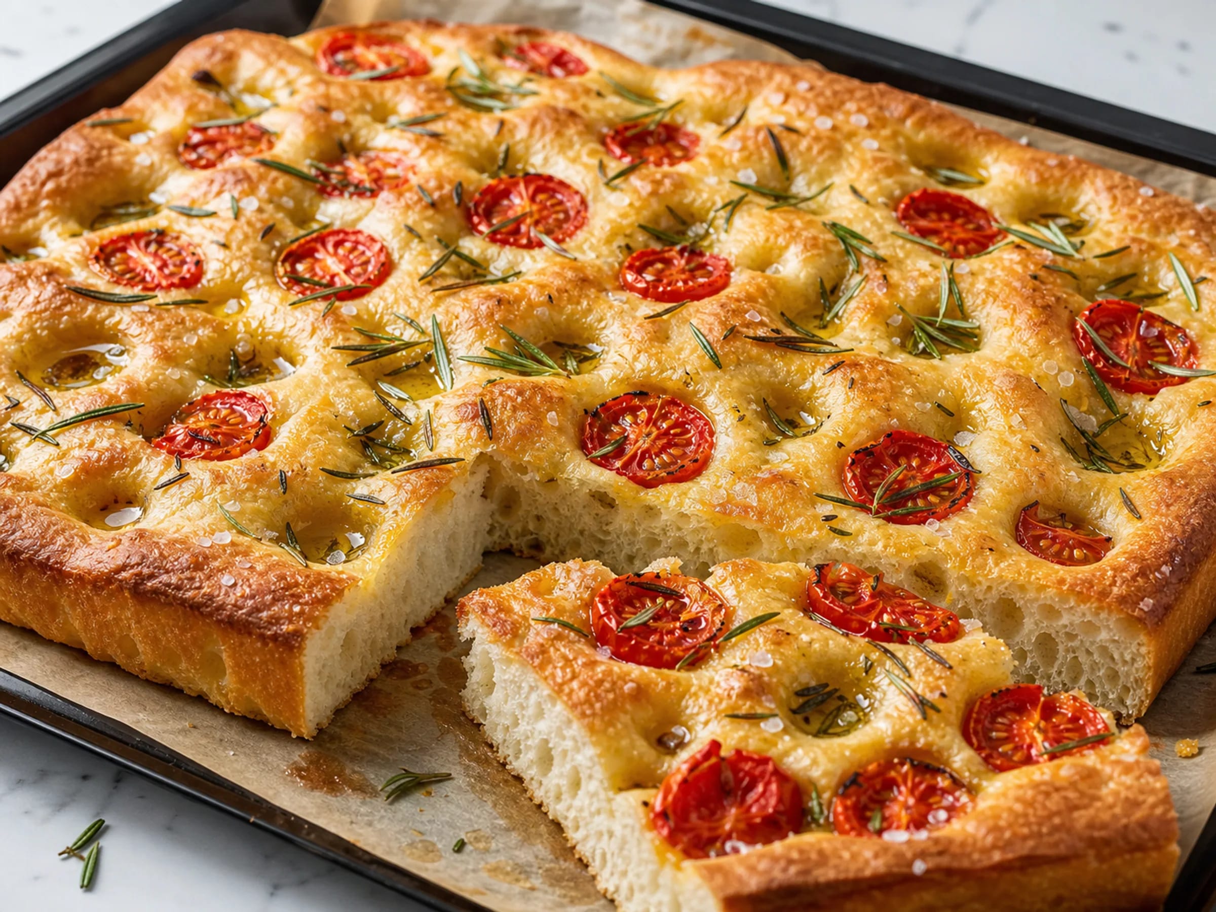 Goldbraune Focaccia mit Kirschtomaten, Rosmarin, Olivenöldellen und luftigem Anschnitt