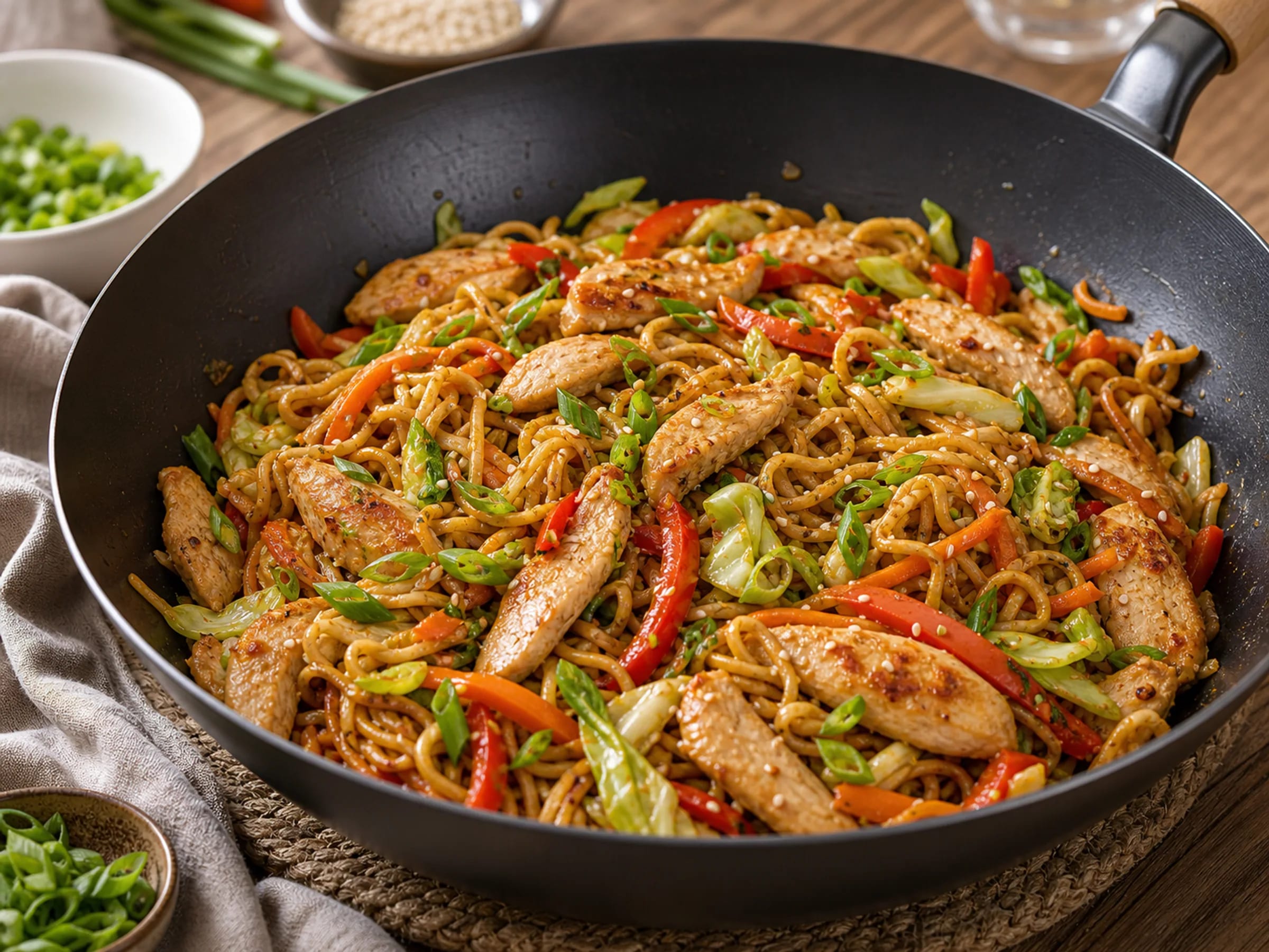 Gebratene Mie-Nudeln mit Hähnchen, Paprika, Kohl und Frühlingszwiebeln