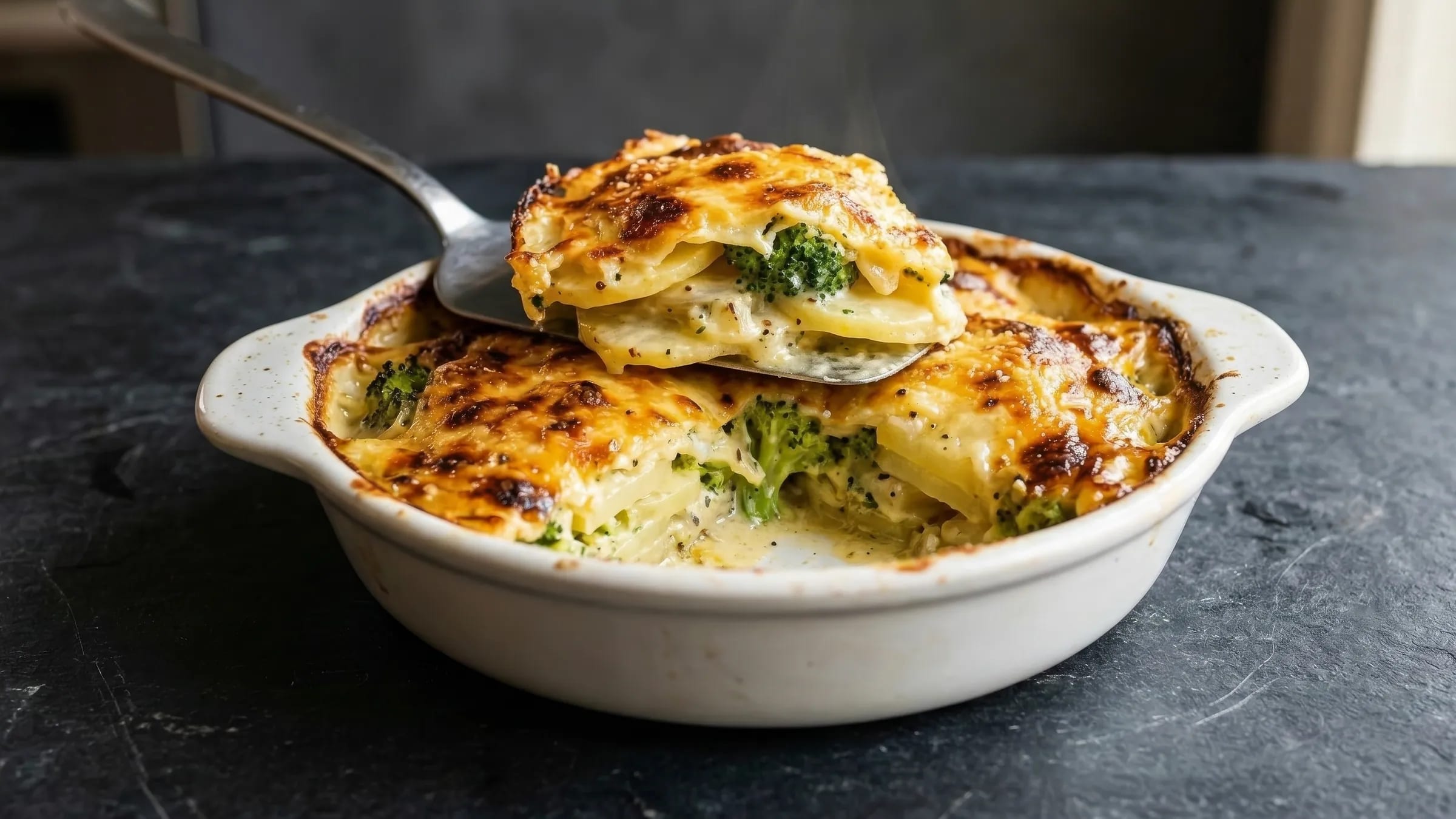 Kartoffel-Brokkoli-Auflauf mit cremiger Sauce und goldbrauner Käsekruste in der Form