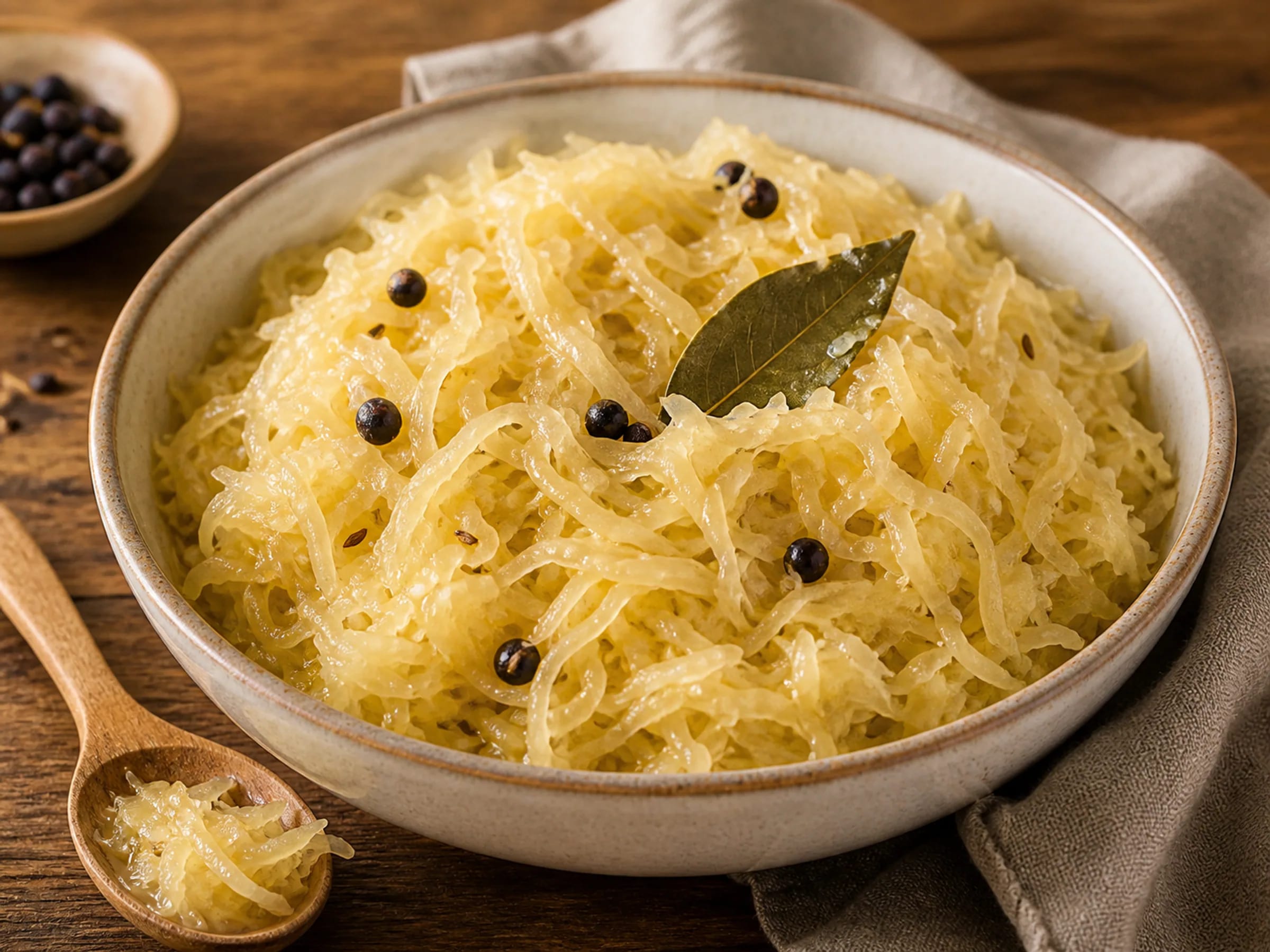 Klassisch fermentiertes Sauerkraut in einer Schale mit Wacholder und Kümmel