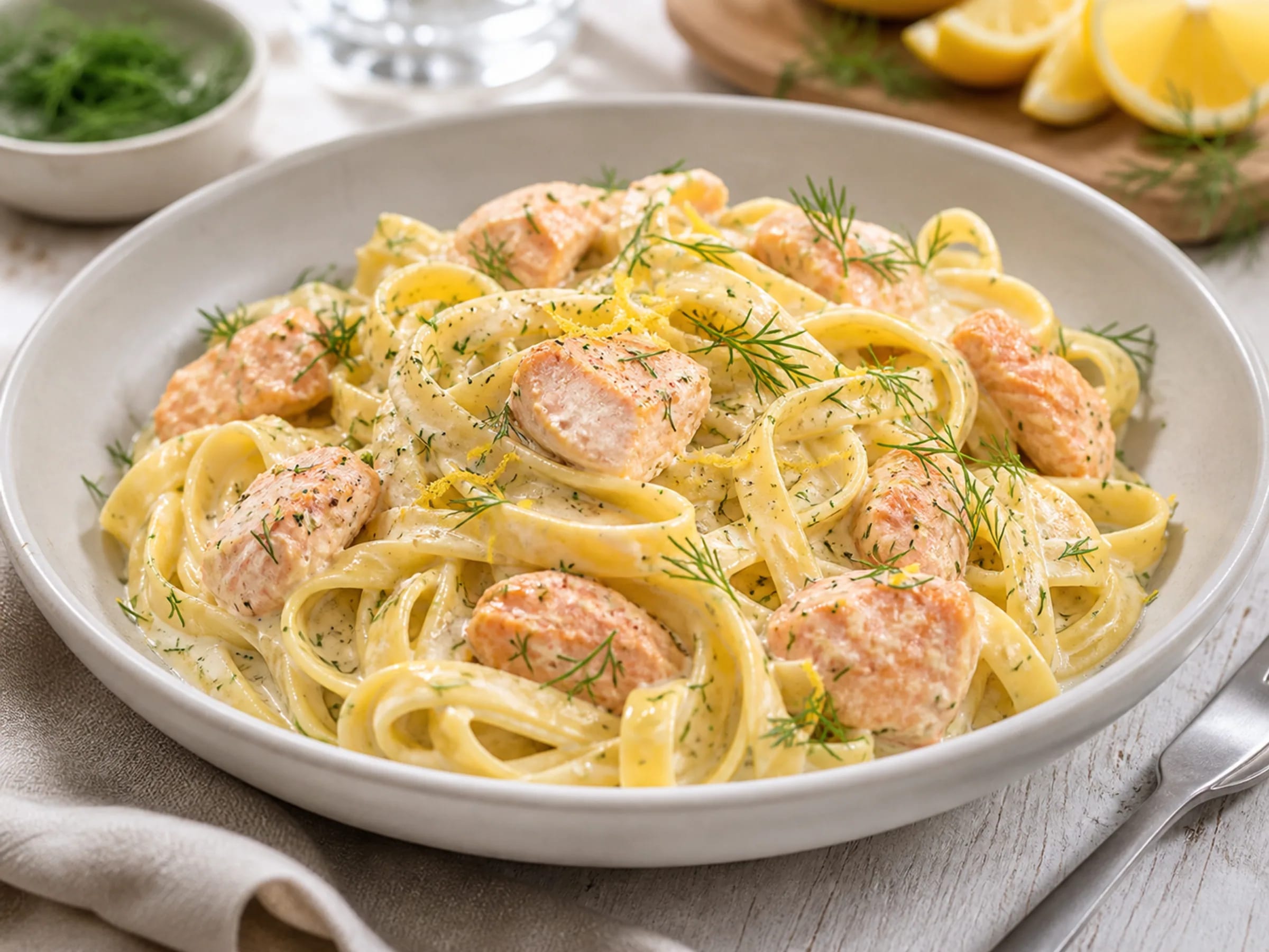 Tagliatelle mit Lachs in cremiger Zitronen-Sahne-Soße und Petersilie