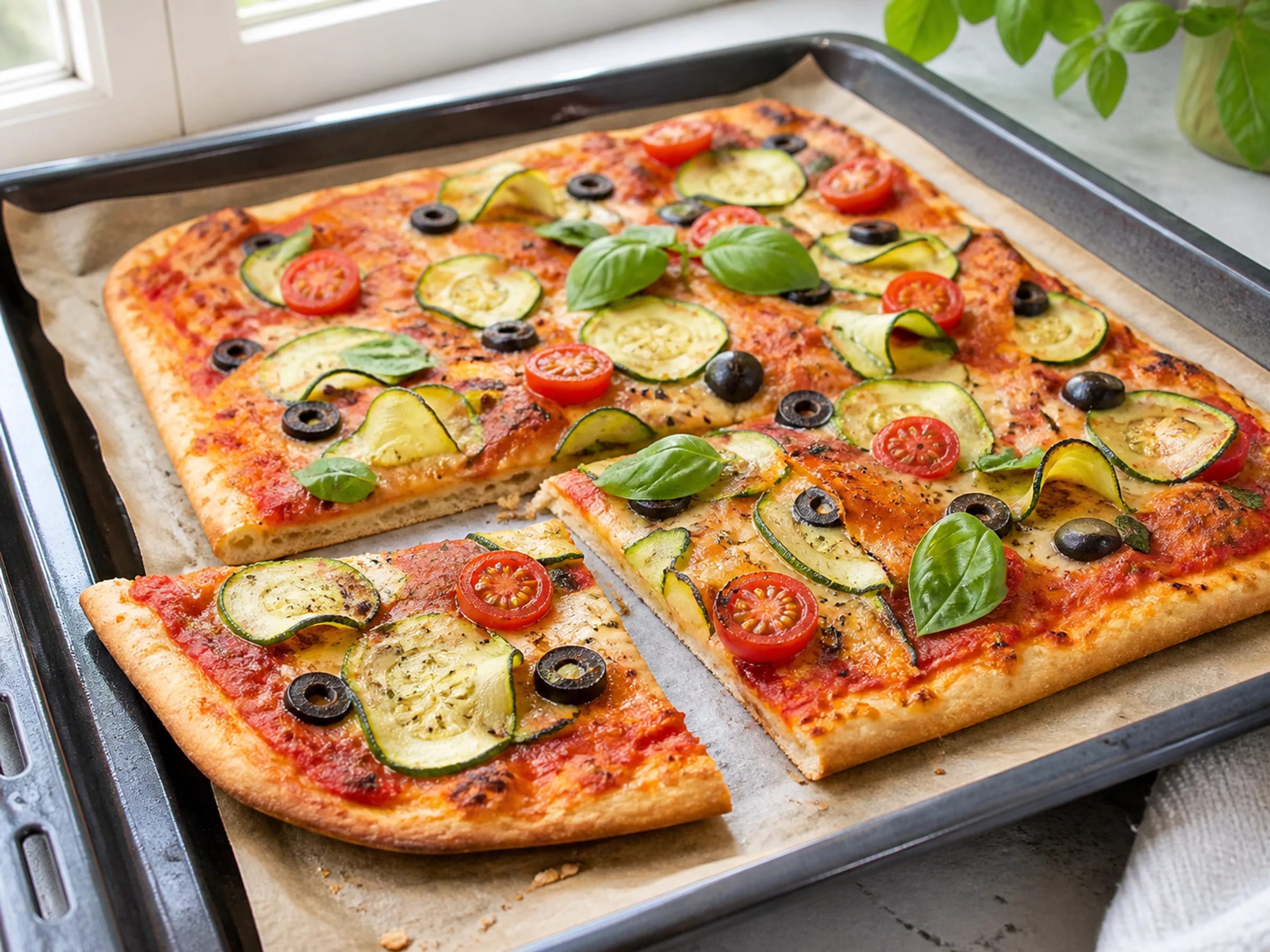 Knusprige Blechpizza aus Pizzateig ohne Hefe mit Gemüsebelag