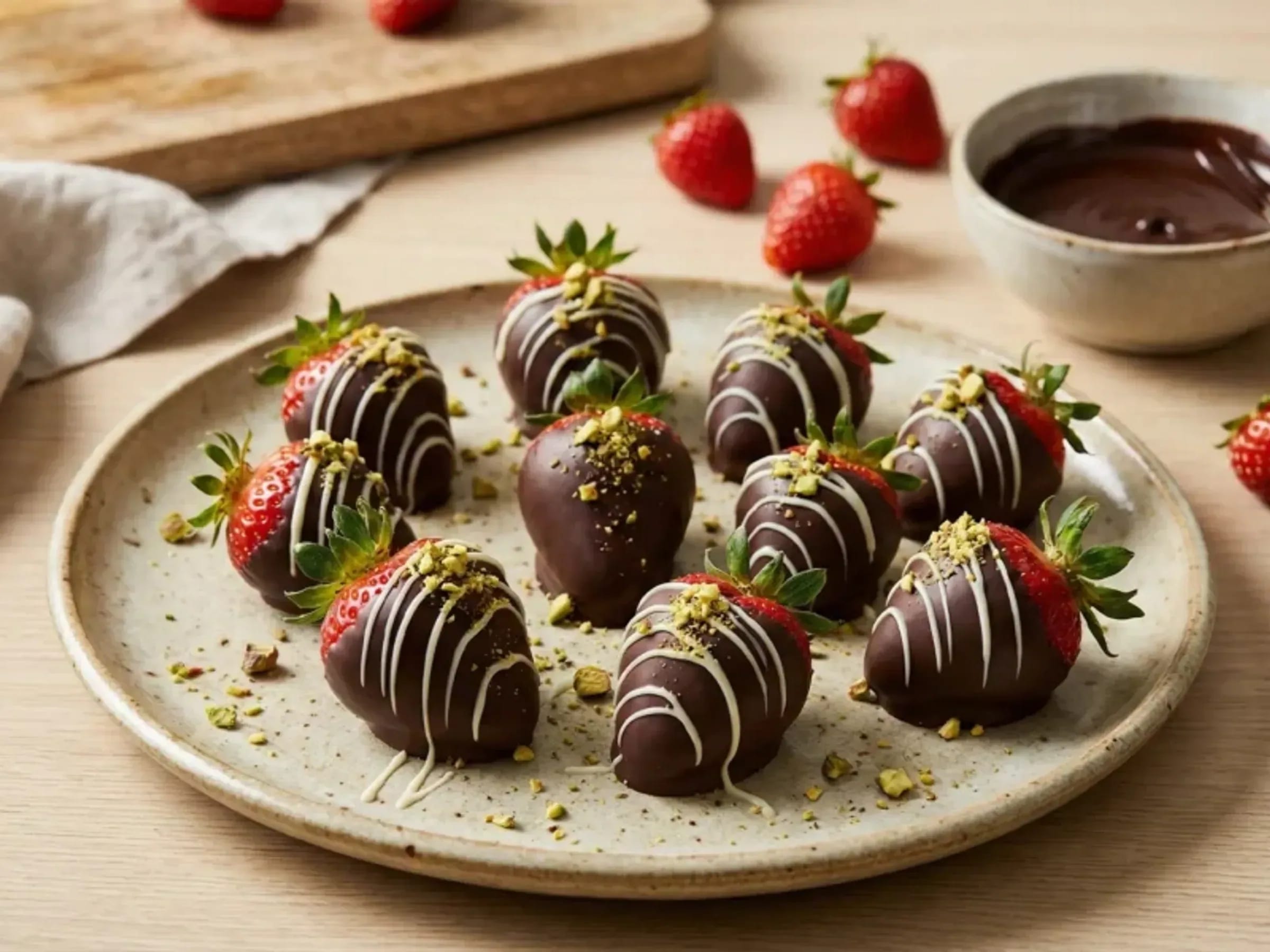 Schoko-Erdbeeren mit dunklem Überzug, weißer Schokolade und gehackten Nüssen