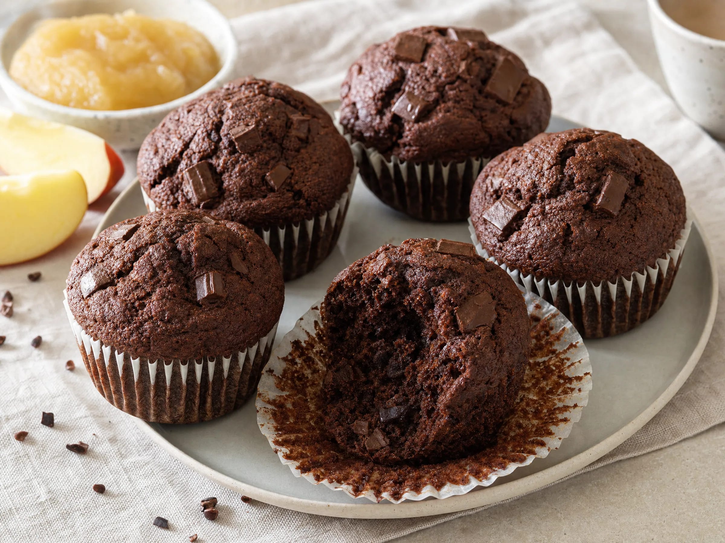 Schokomuffins vegan – saftig mit Apfelmark und Schokostücken Rezeptfoto Schokomuffins vegan – saftig mit Apfelmark und Schokostücken fertig angerichtet
