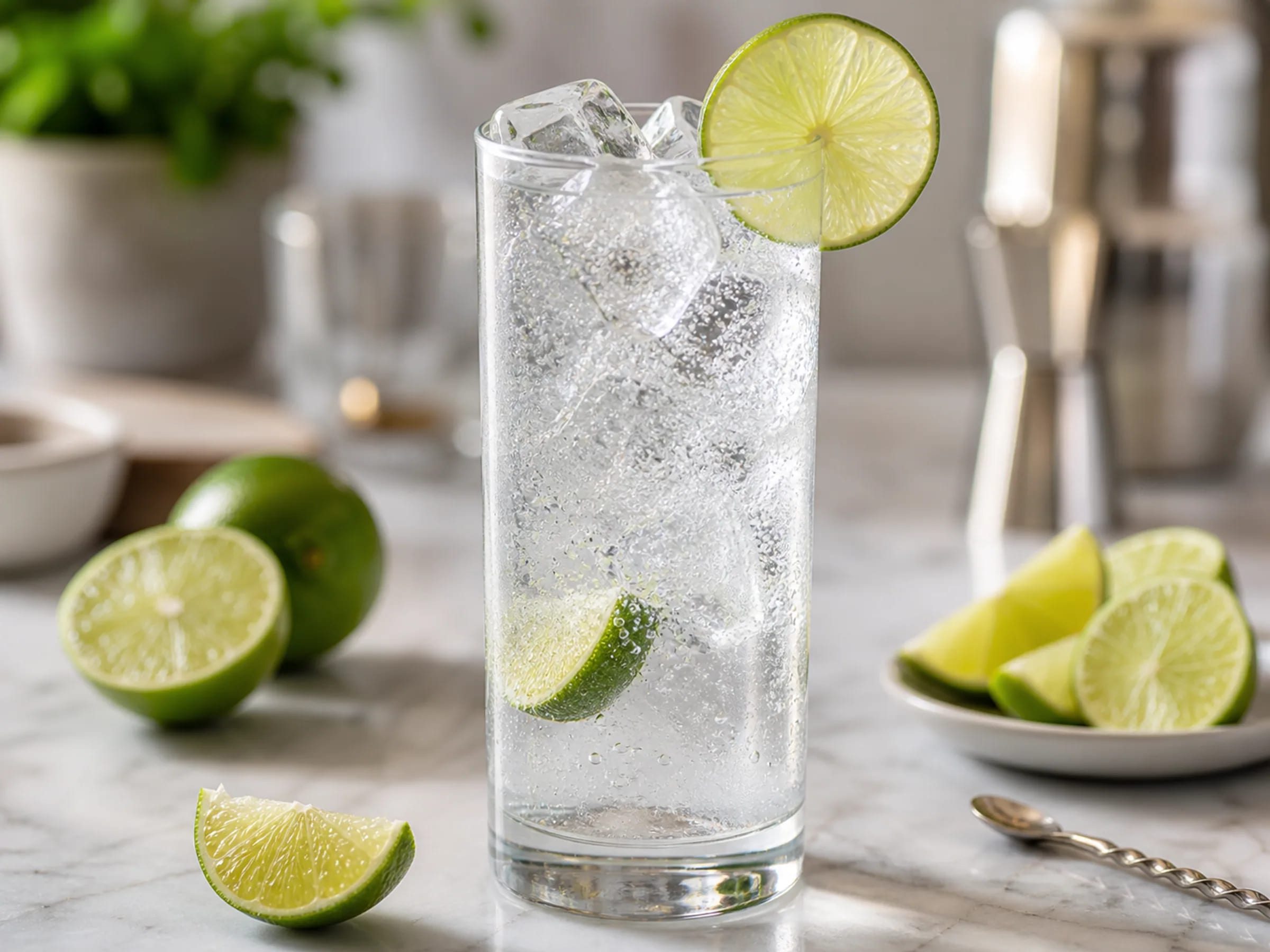 Skinny Bitch Cocktail mit Limette und Eis im klaren Highball-Glas