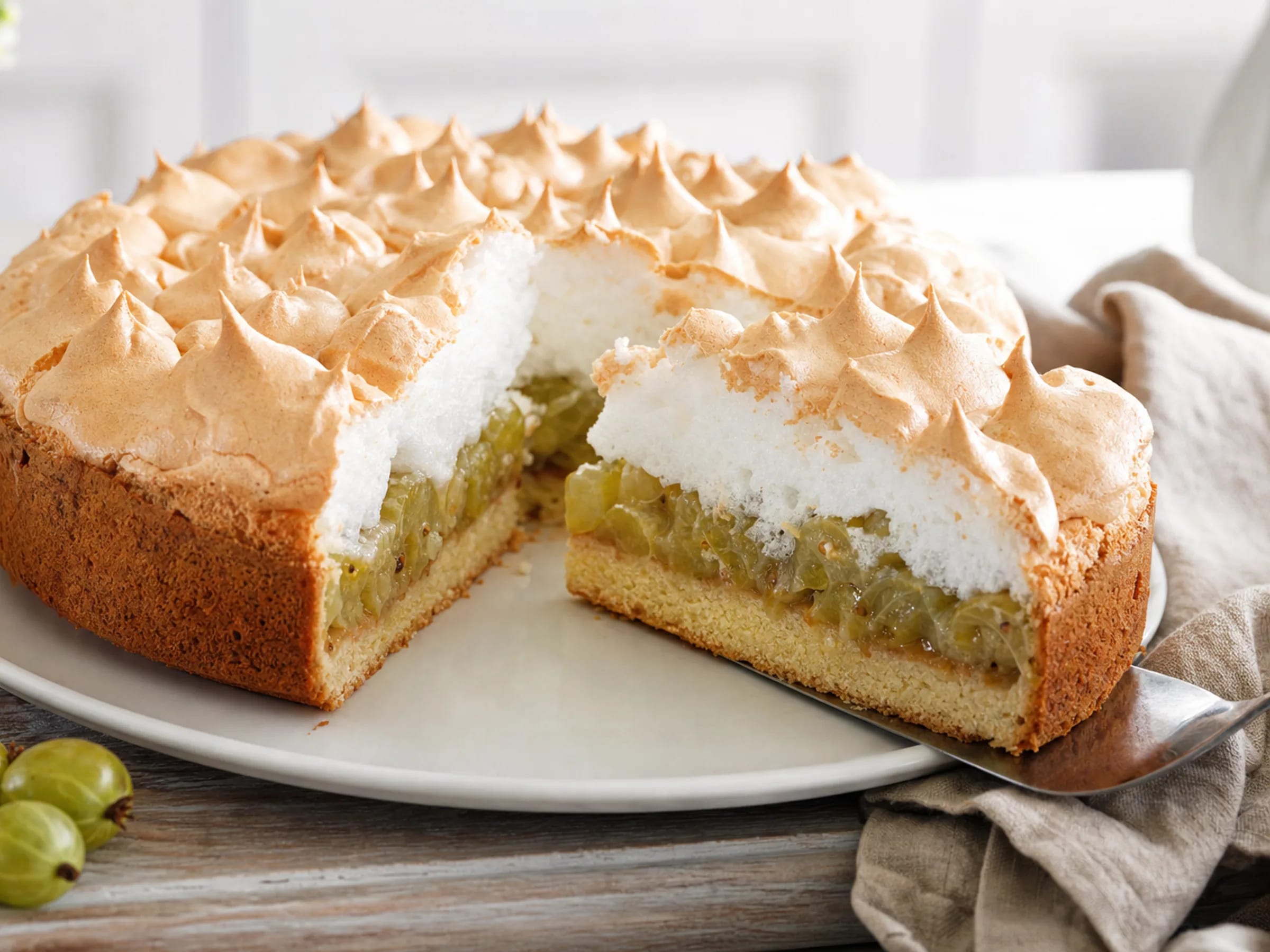 Stachelbeerkuchen mit goldbrauner Baiserhaube, Stachelbeerfüllung und angeschnittenem Kuchenstück