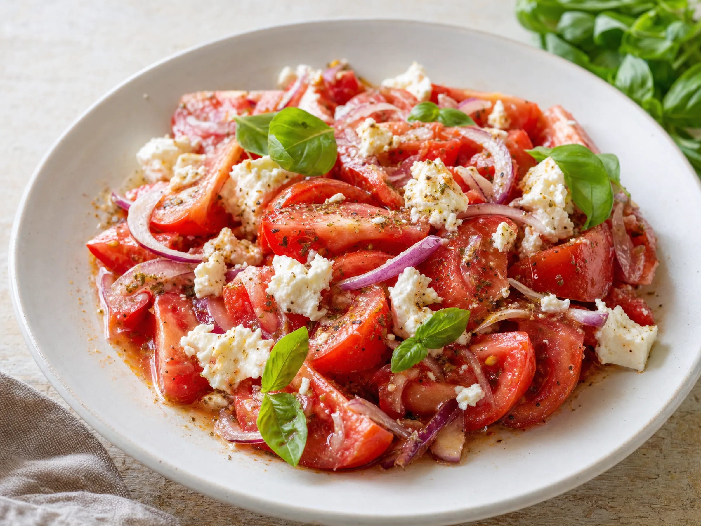 Tomatensalat mit Feta – saftig dank Tomatensaft-Dressing fertig angerichtet
