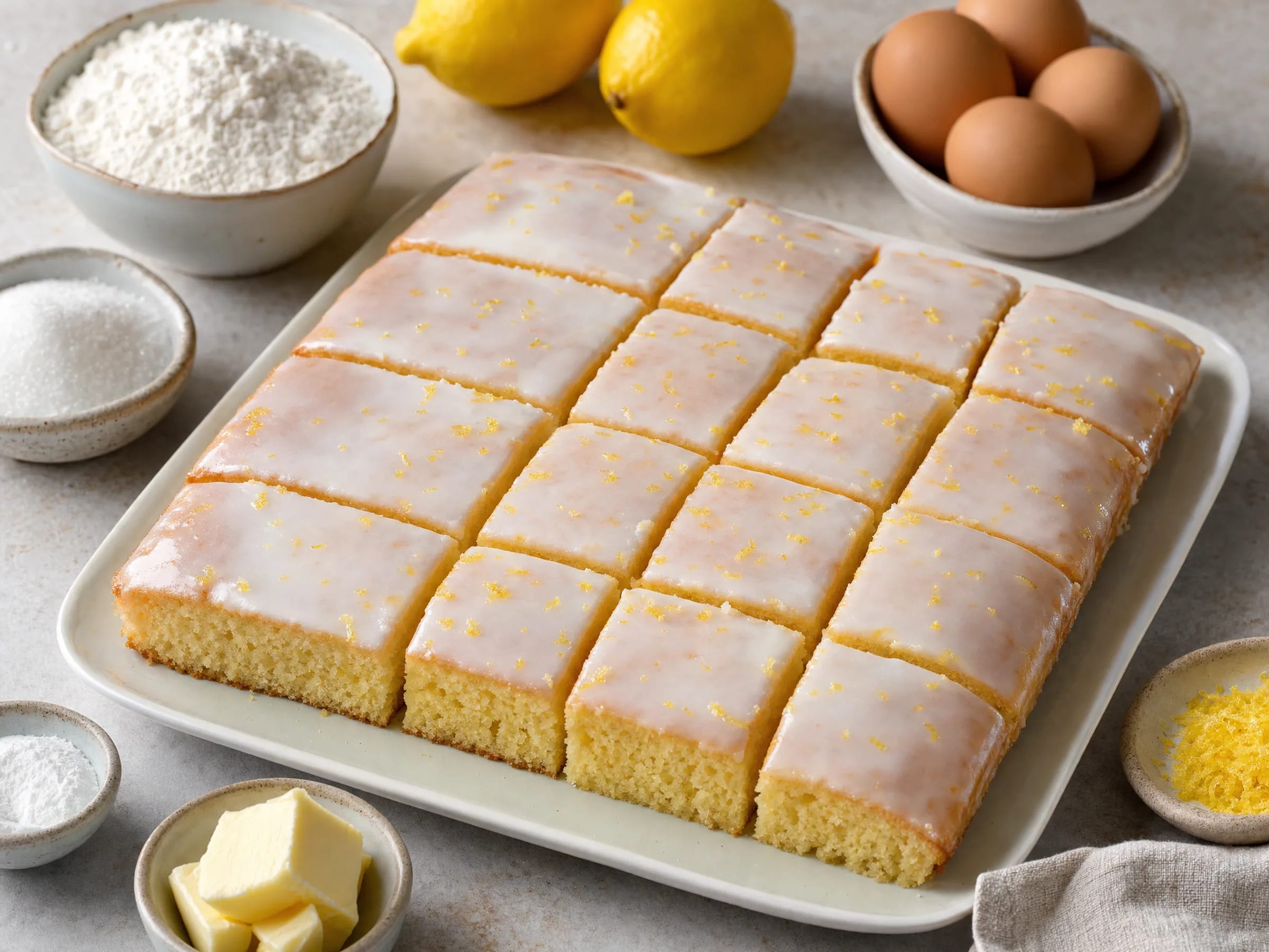 Zitronenkuchen vom Blech – saftig mit Joghurt und Zitronenguss fertig angerichtet