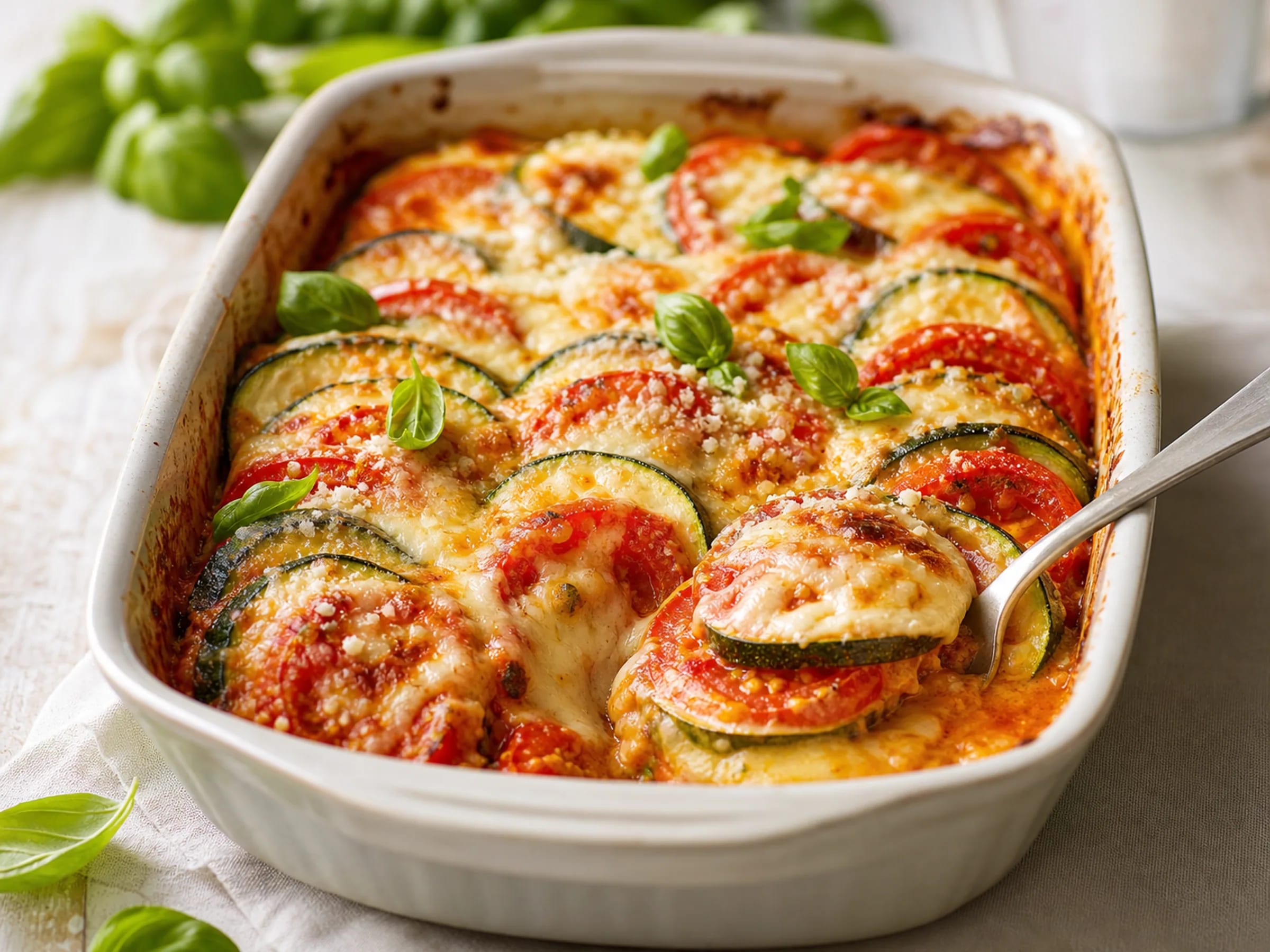 Zucchini-Tomaten-Auflauf mit geschmolzenem Mozzarella, Parmesan und frischem Basilikum