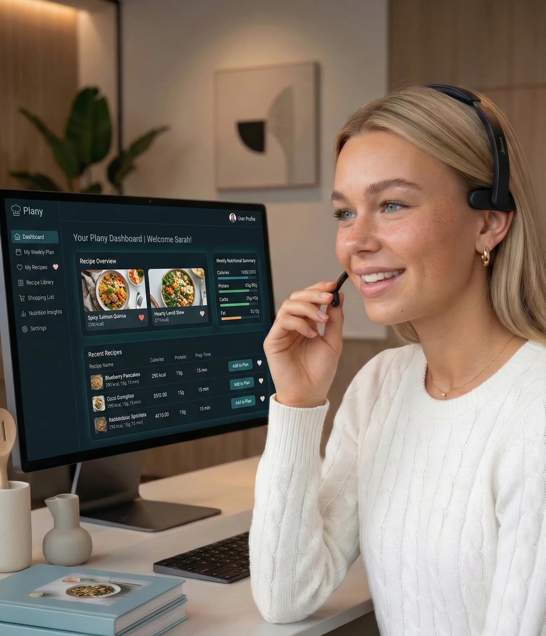 Frau mit Headset vor dem Plany-Dashboard für Fragen, Feedback und Unterstützung.
