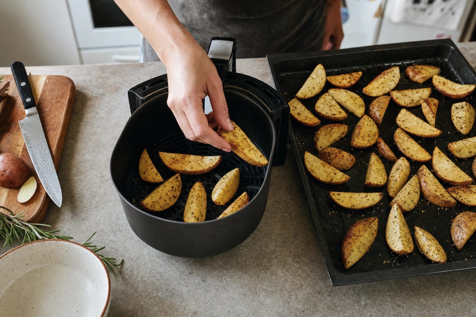 Airfryer und Backofen mit Ofengemüse, Küchentimer und Temperaturregler.