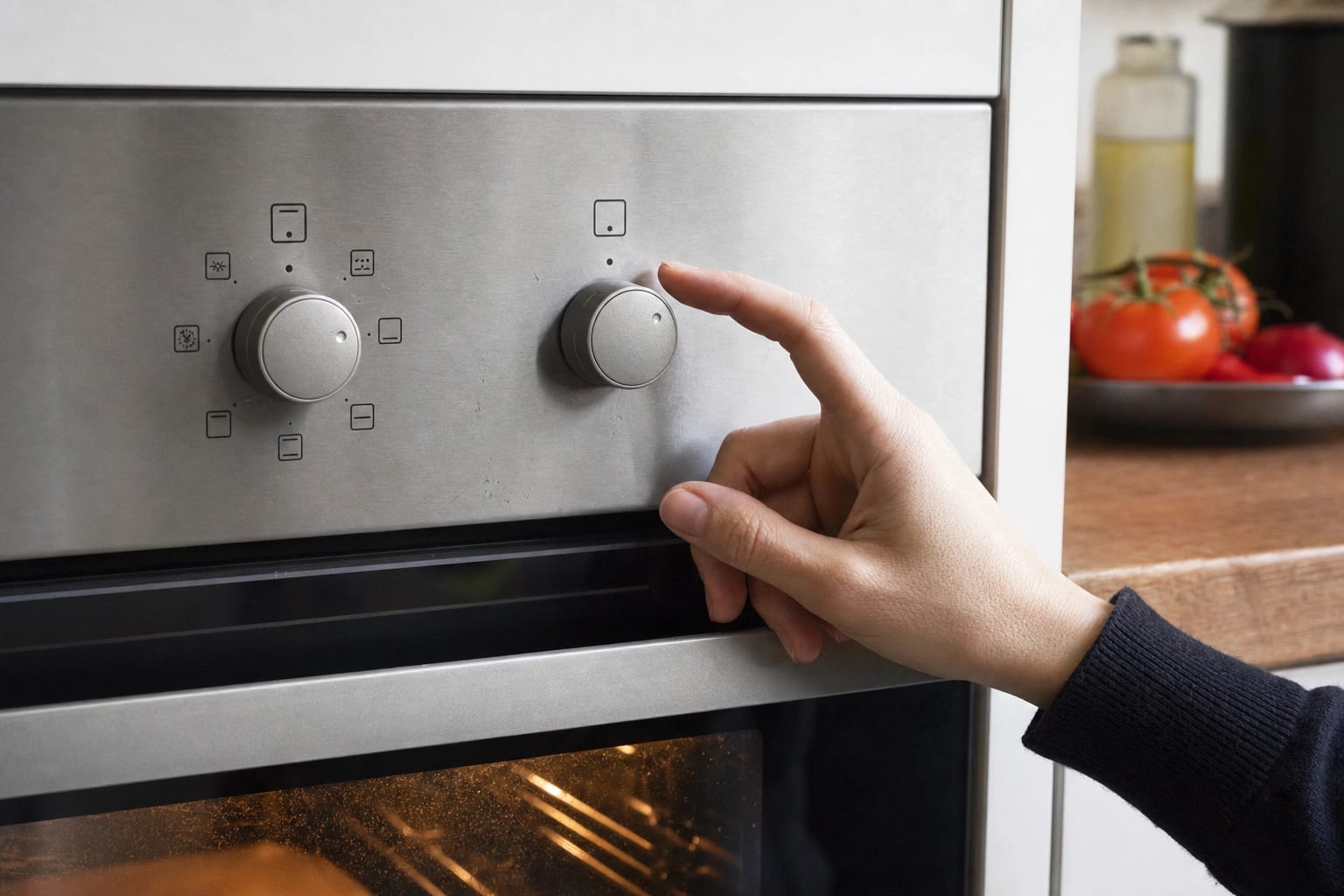 Hand an einem modernen Backofenregler mit klar erkennbaren Funktionssymbolen.