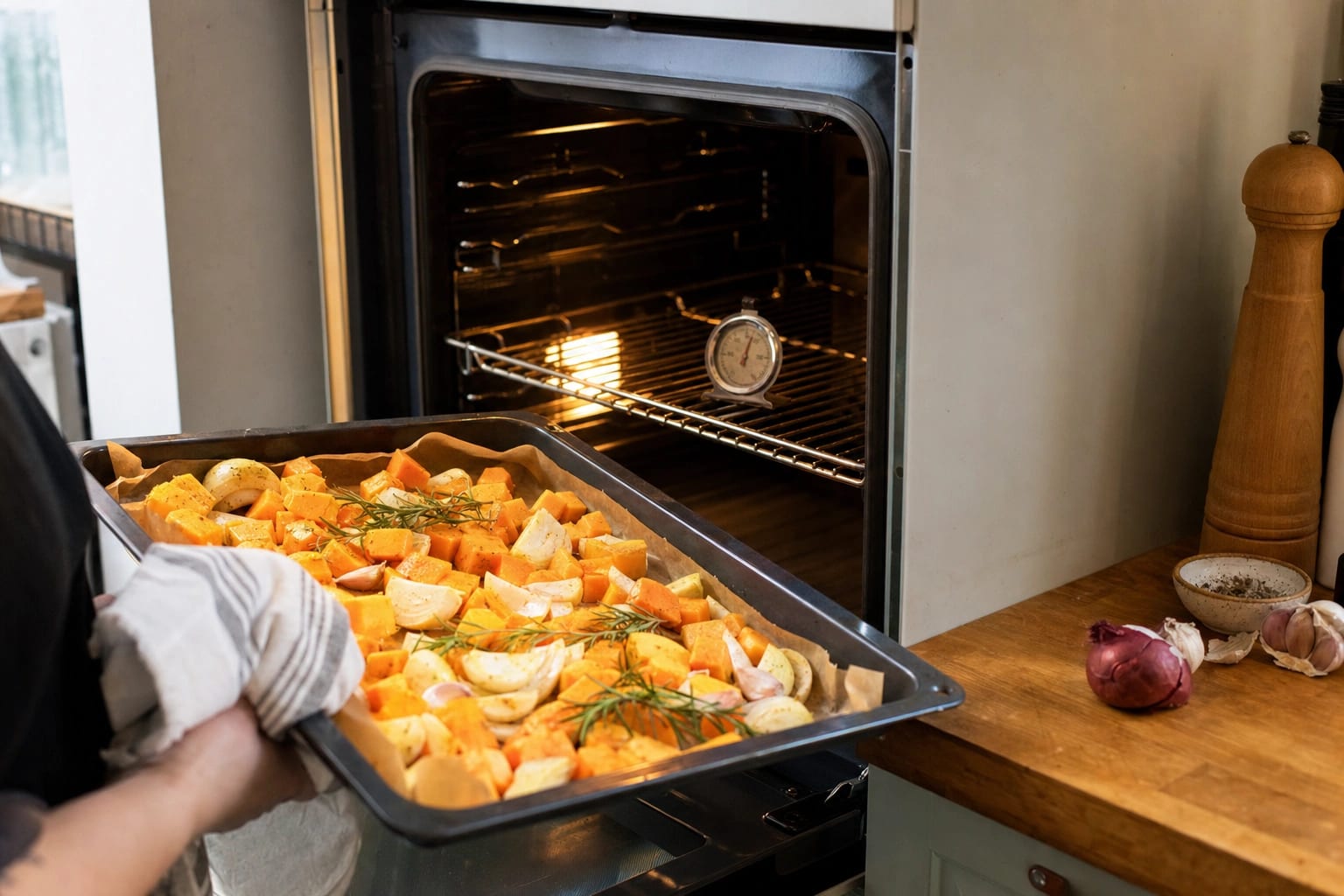 Backofen mit Thermometer während der Aufheizphase, daneben vorbereiteter Blätterteig.