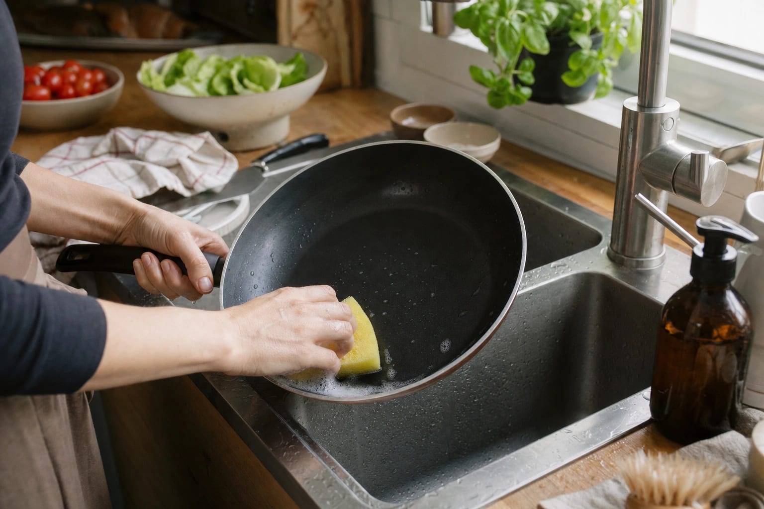Beschichtete Pfanne wird mit weichem Schwamm und warmem Spülwasser gereinigt.