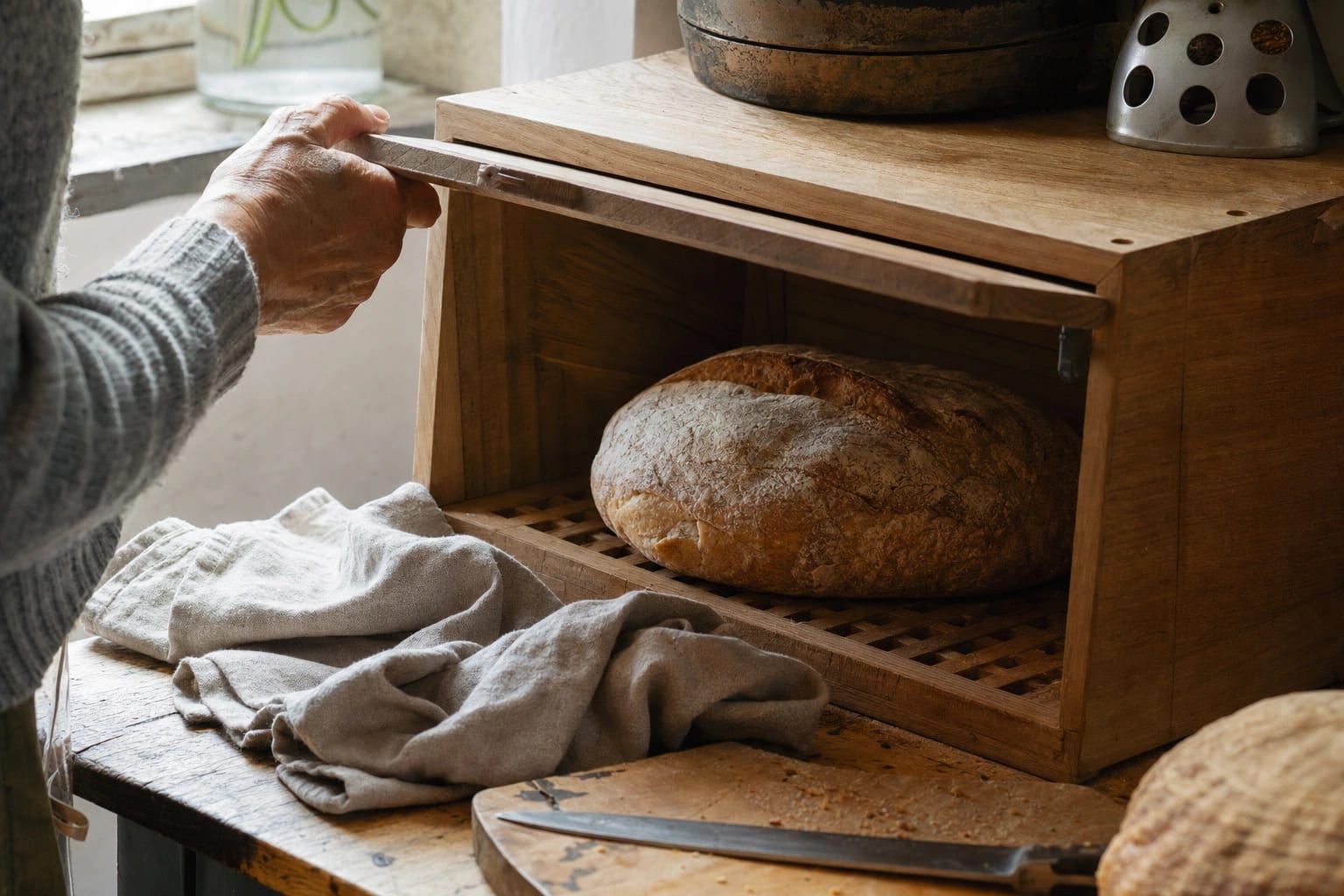 Ein natürlich geformtes Sauerteigbrot steckt teilweise in einem salbeigrünen Leinenbeutel neben Scheiben und offenem Holzbrotkasten.