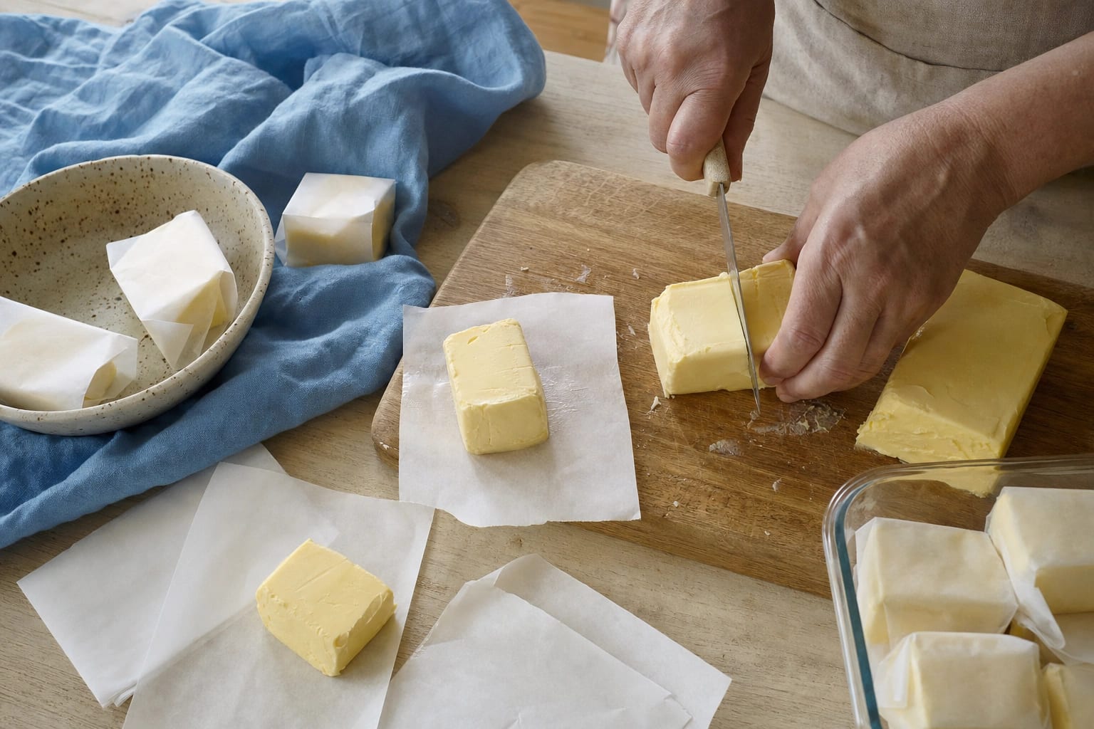 Eine Hand schneidet Butter in unterschiedlich große Vorratsportionen; zwei Pakete sind gefaltet und kleine Würfel liegen in einer Silikonform.