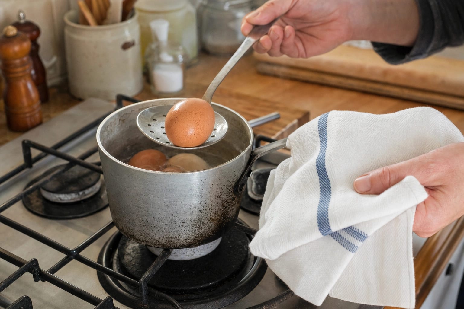 Vier natürlich gesprenkelte braune Eier kochen in einem hellen Edelstahltopf, eines wird mit einer Schaumkelle angehoben.