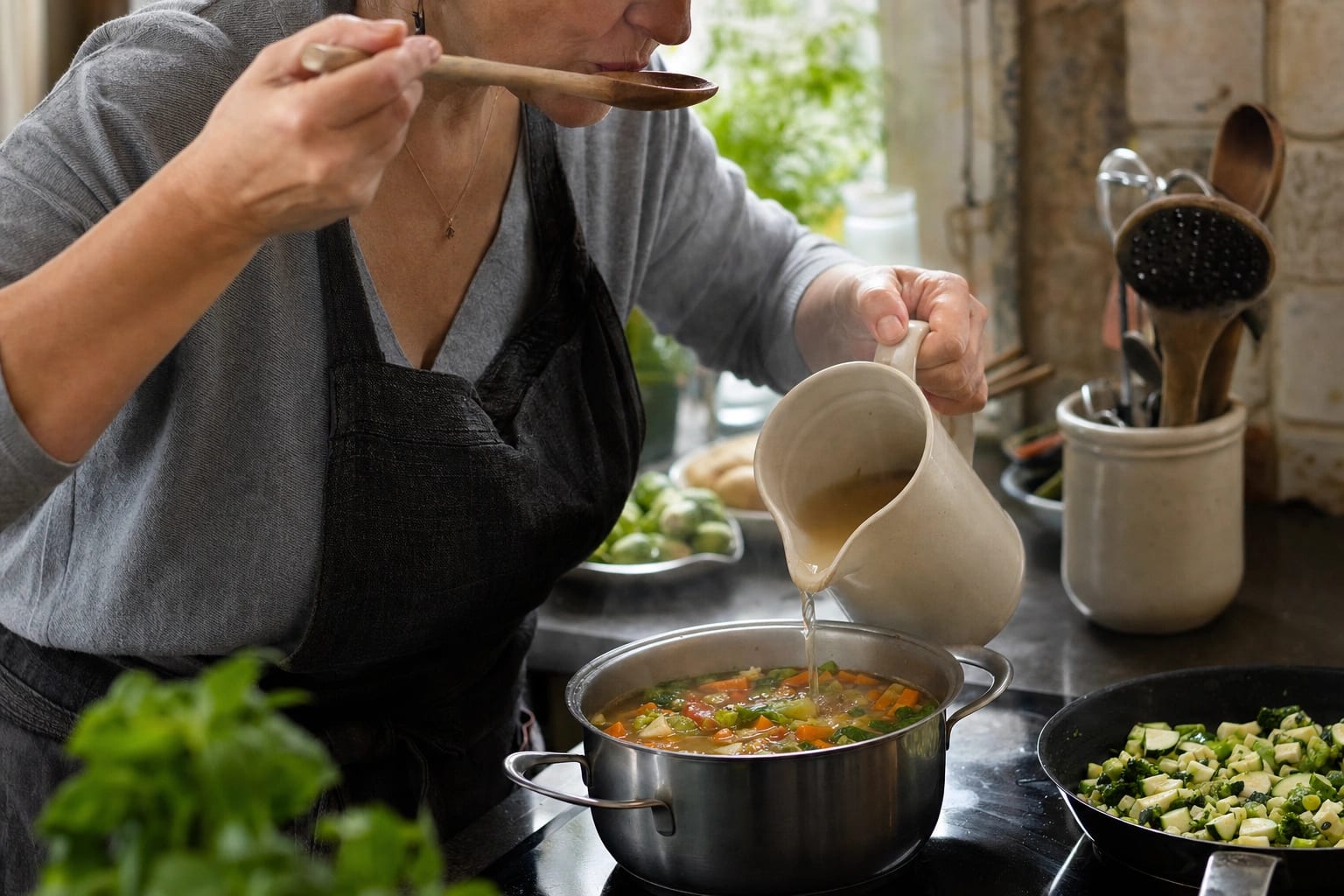 Köchin probiert eine Suppe und stellt ungesalzene Brühe, Zitrone und Sahne bereit.