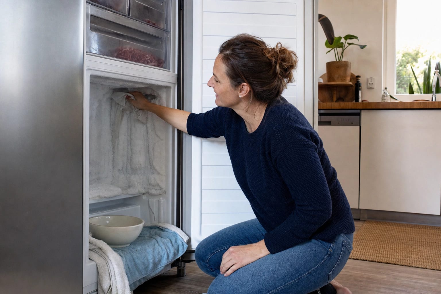 Eine Hand löst weiches Eis mit einem abgerundeten Kunststoffschaber aus einem ausgeschalteten Gefrierschrank; Tuch und Schale fangen Wasser auf.