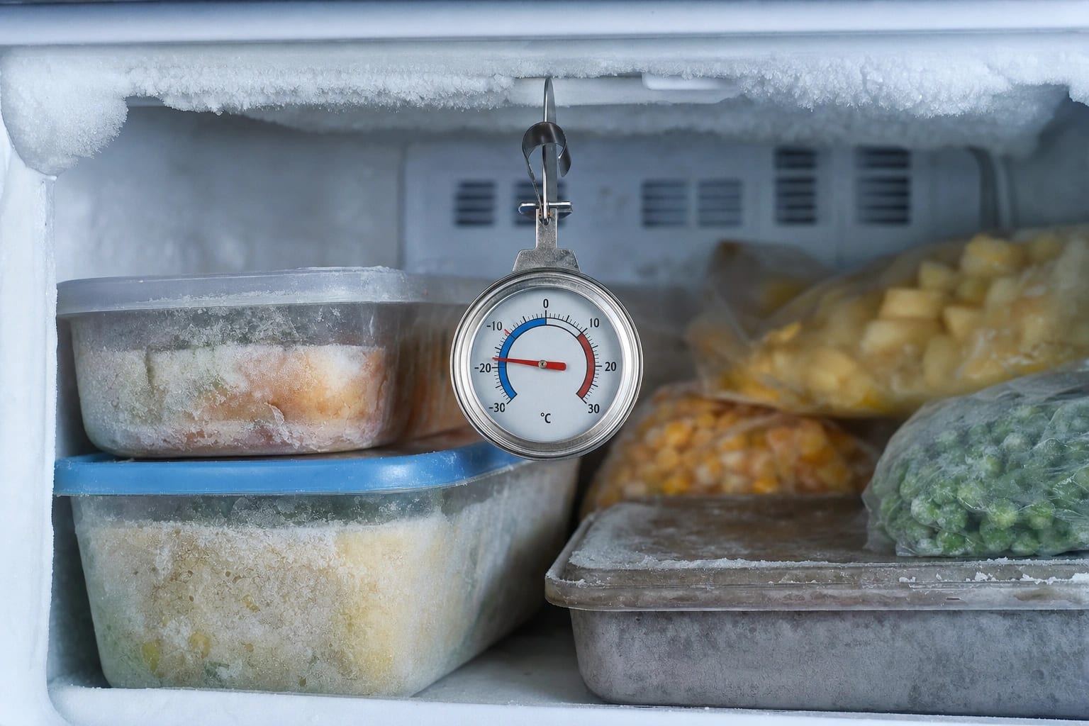 Ein analoges Gefrierthermometer steht in einer hellen, locker bestückten Gefrierschublade zwischen Beeren, Gemüse und Brot.