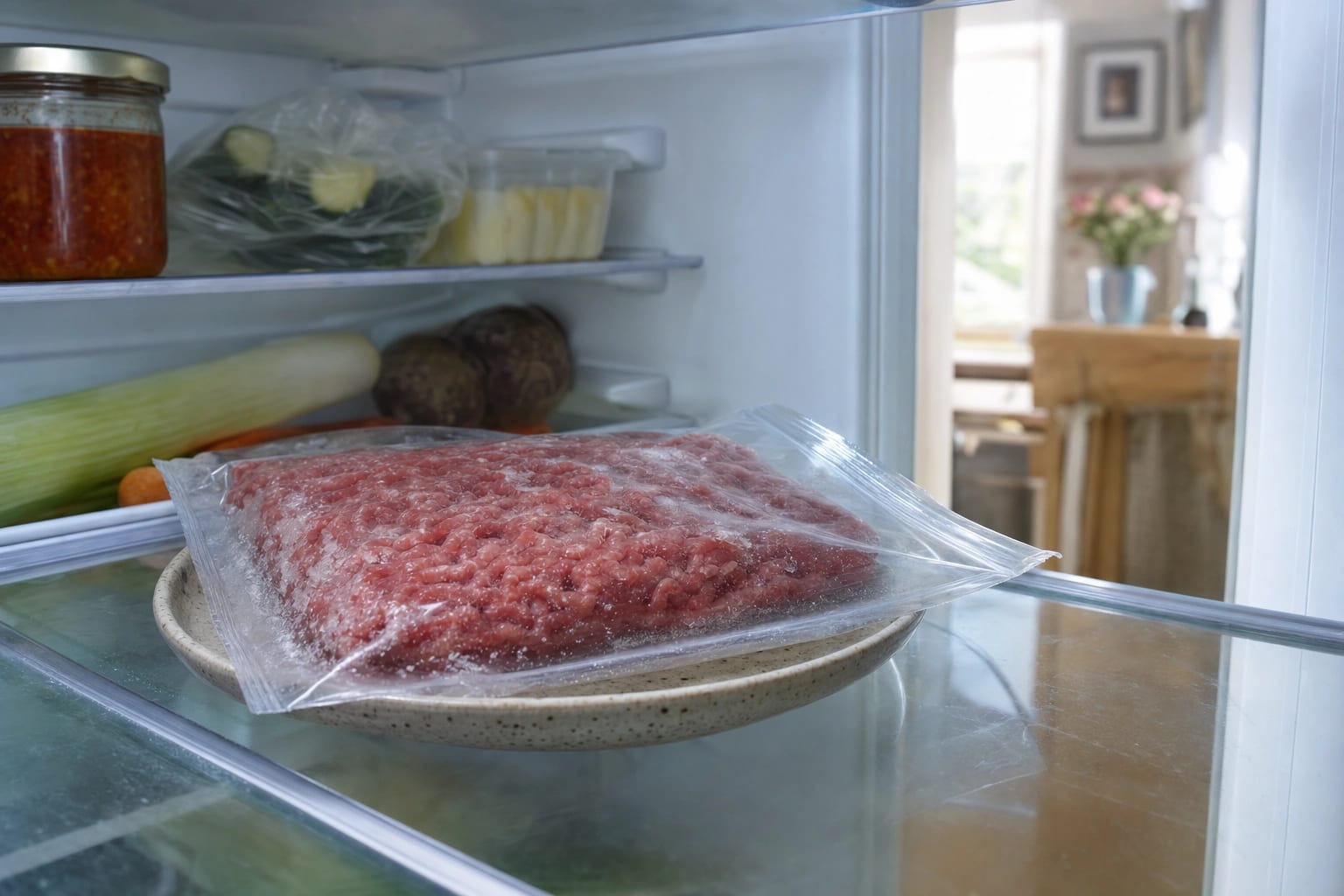Eine flache Packung Hackfleisch taut in einem geschlossenen Glasbehälter auf einem separaten Teller über der Gemüseschublade auf.