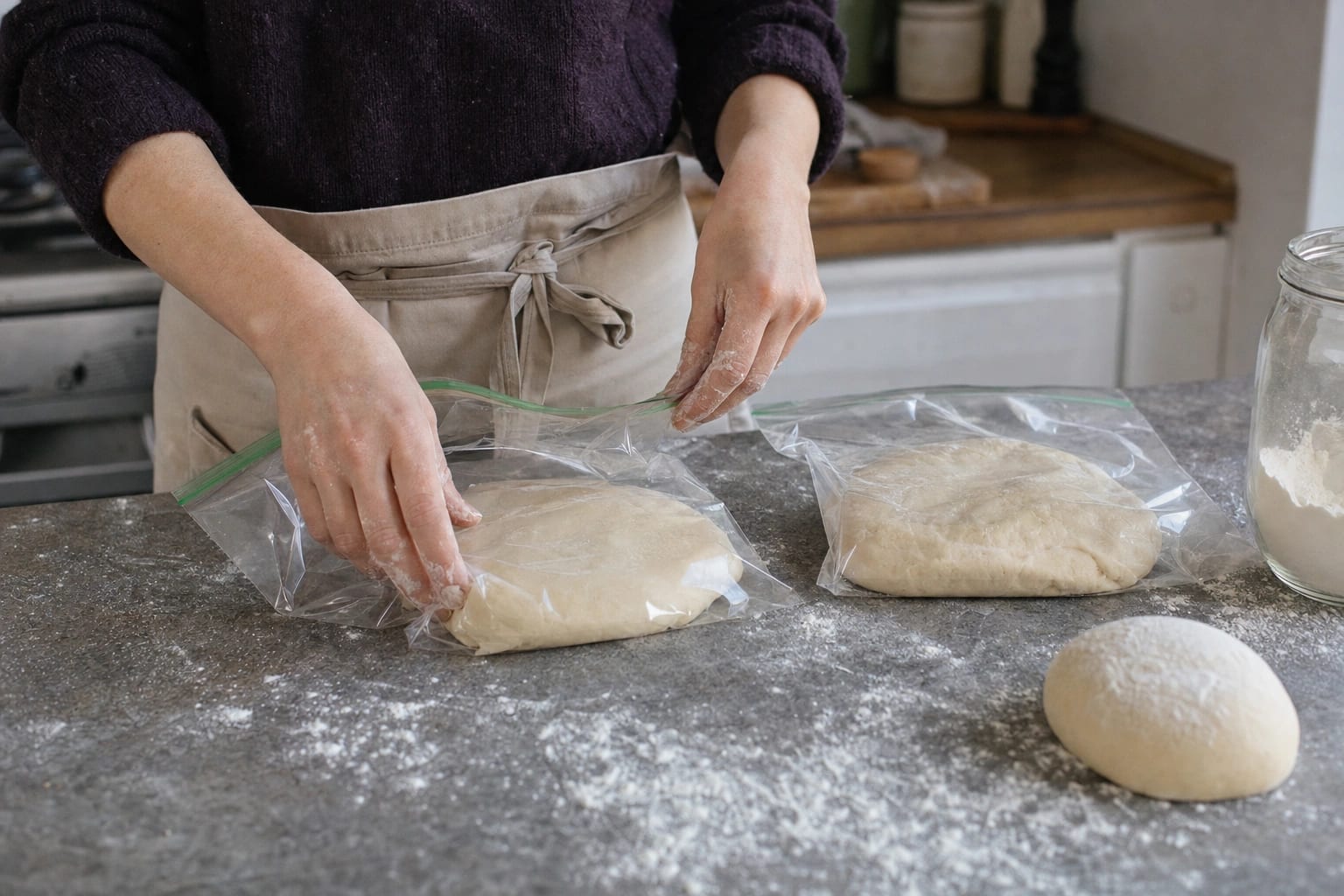 Portionierter Hefeteig liegt luftdicht verpackt und beschriftet neben einer langsam im Kühlschrank auftauenden Teigschüssel.