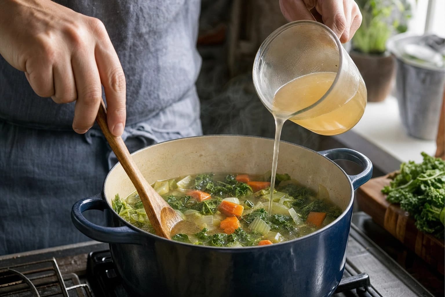 Ungesalzene Brühe wird portionsweise in einen Topf mit Gemüsesuppe gegeben.