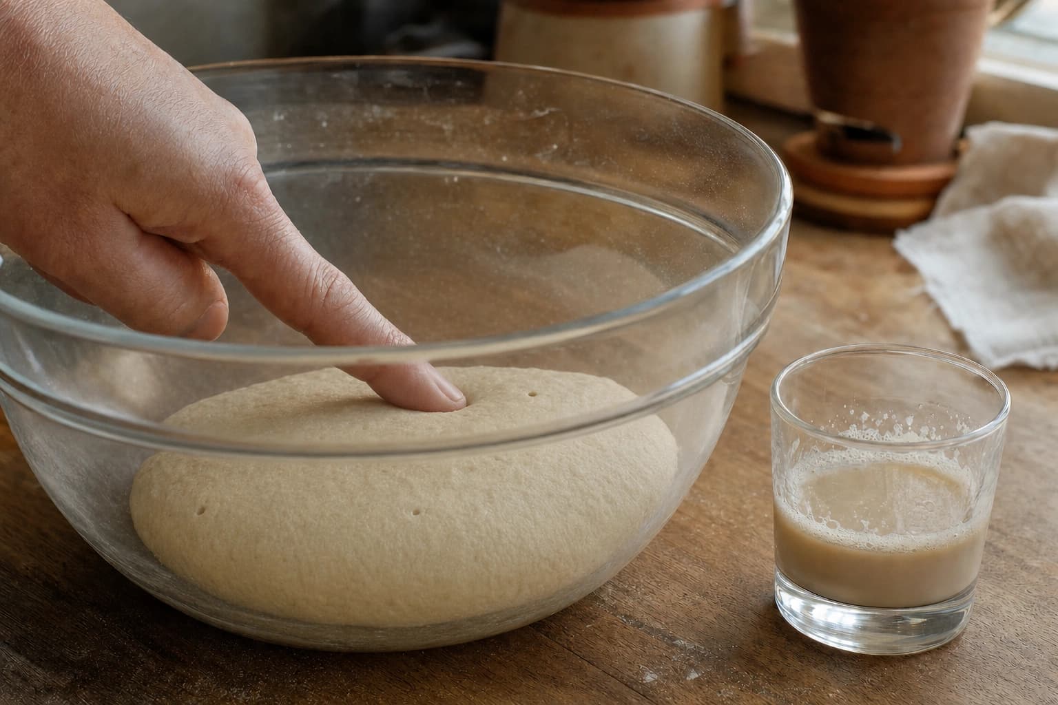 Eine Hand prüft mit dem Fingerdruck einen noch dichten Hefeteig; im Hintergrund zeigt ein kleines Hefeglas nur einen feinen Schaumring.