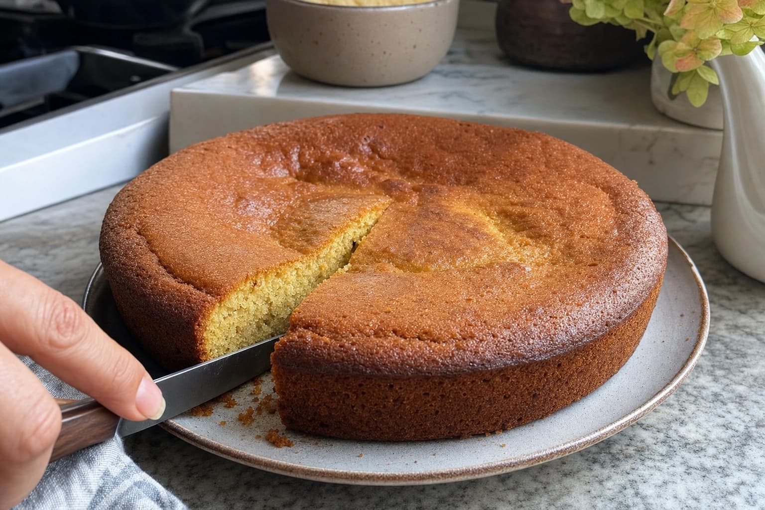 Ein angeschnittener selbst gebackener Kuchen zeigt eine leicht dichtere Krume unter seiner sanft eingesunkenen Mitte.