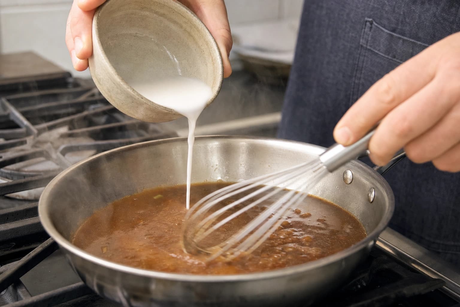 Eine glatte Stärkemischung wird in dünnem Strahl in eine braune Sauce gerührt.