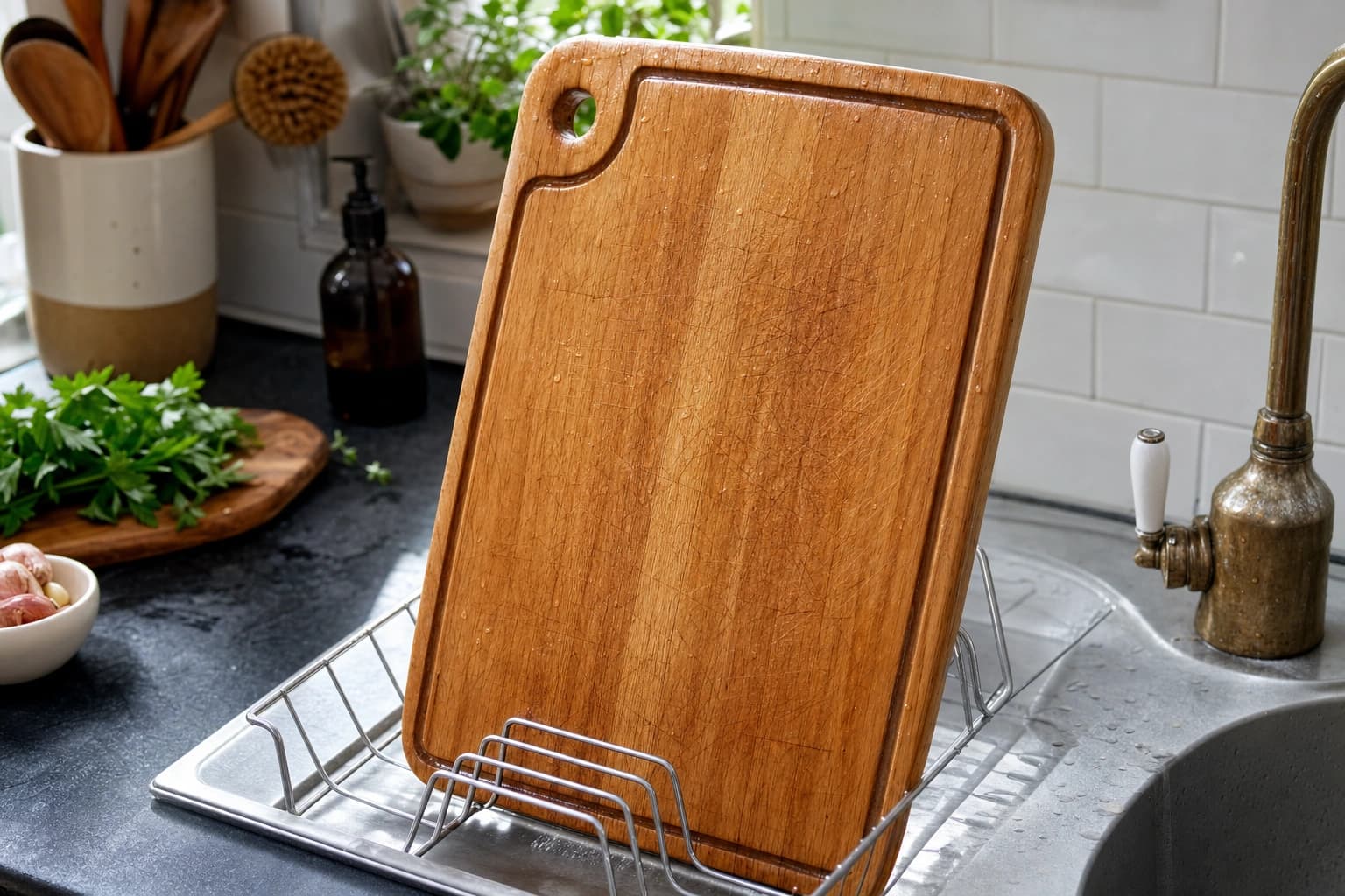 Ein Holzschneidebrett wird abgespült und anschließend aufrecht zum Trocknen gestellt.