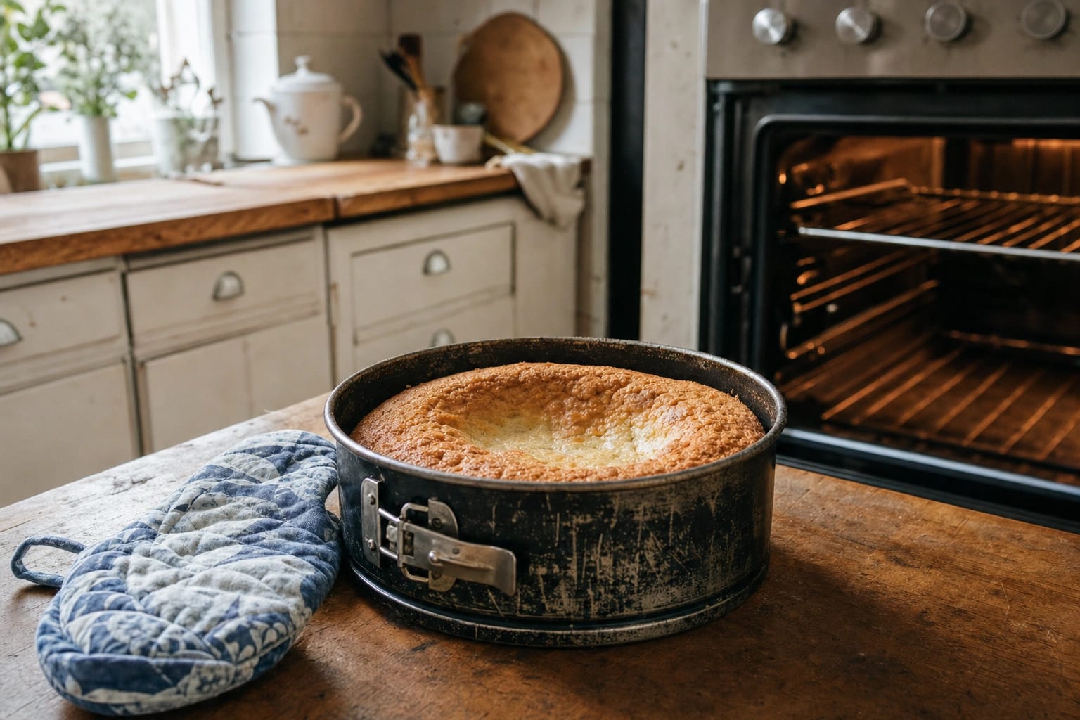 Ein selbst gebackener Kuchen mit sanft eingesunkener Mitte kühlt in einer gebrauchten Springform auf einem Gitter ab.