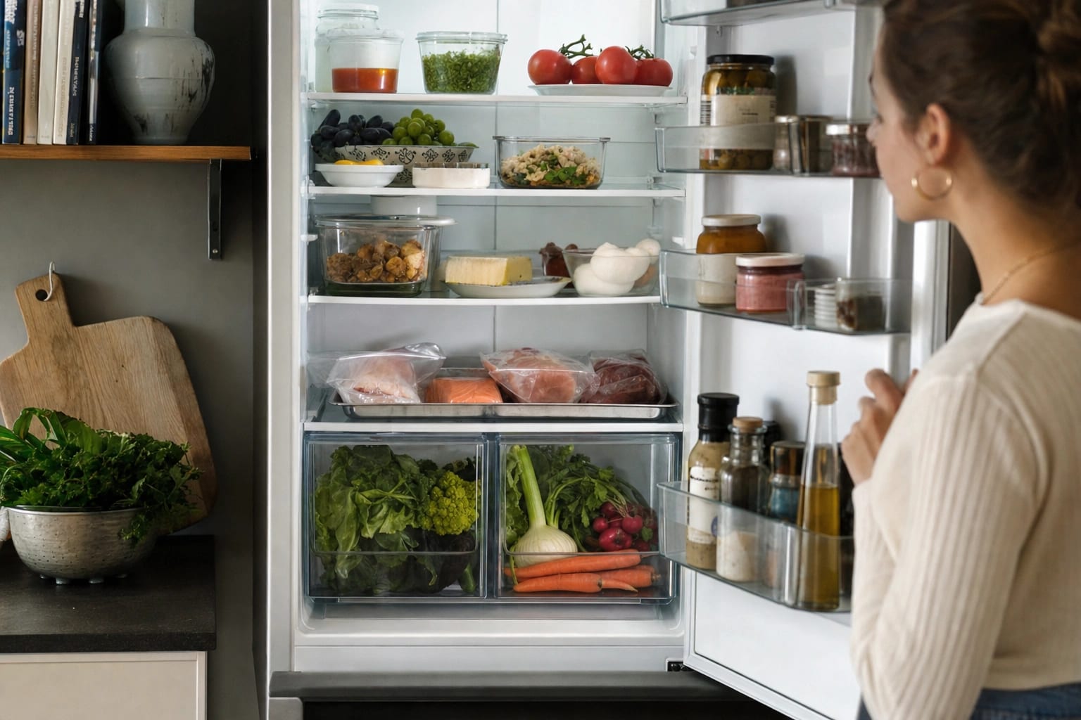 Ein übersichtlich eingeräumter Kühlschrank zeigt getrennte Bereiche für Reste, Milchprodukte, rohes Fleisch, Gemüse und Türprodukte.