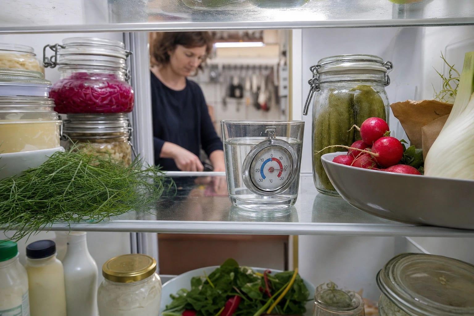 Ein analoges Kühlschrankthermometer steht frei auf der mittleren Ablage eines freundlich und locker eingeräumten Kühlschranks.