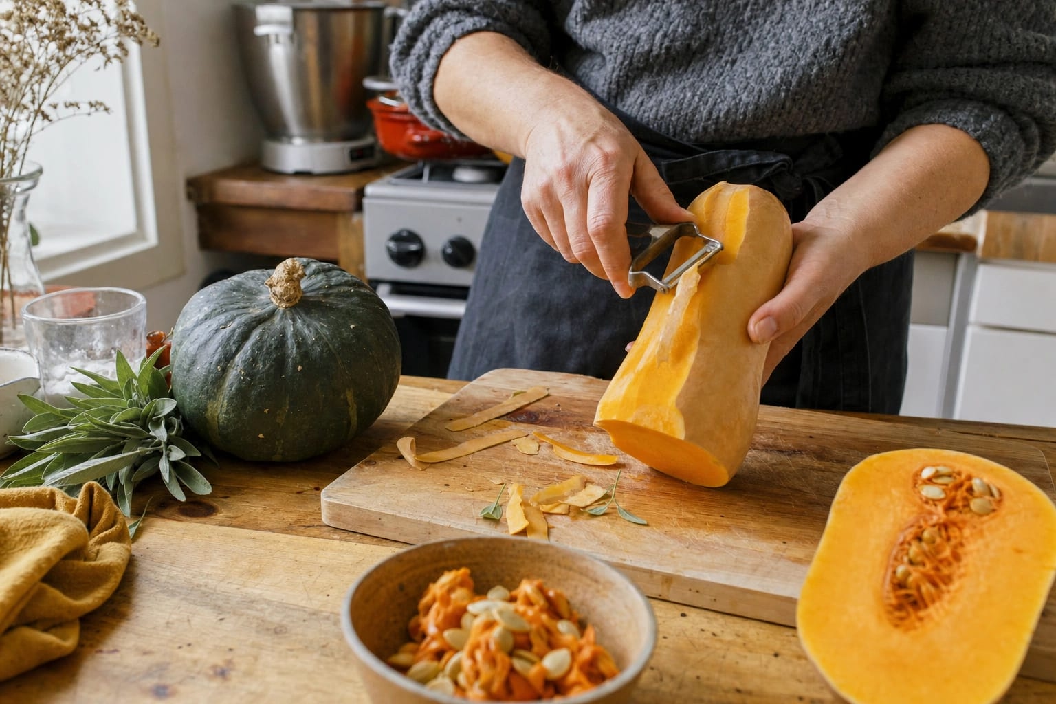 Hokkaido, Butternut und Muskatkürbis liegen halbiert mit sicherer Standfläche und passend geschälten Stücken auf einem großen Brett.