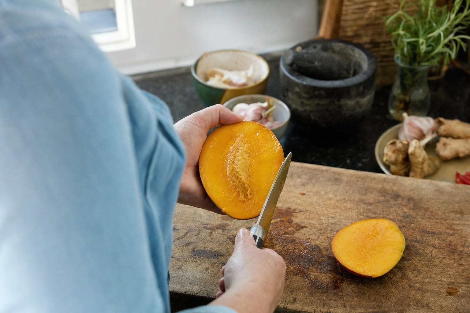 Zwei Mango-Backen liegen beim sicheren Gittereinschnitt flach auf einem rutschfesten Brett; der faserige flache Stein ist sichtbar.