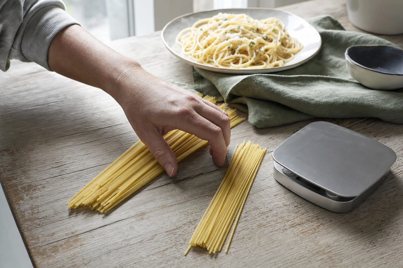 Eine kleine Schale trockener Penne steht auf einer Küchenwaage zwischen zwei leeren Tellern und einem Bund trockener Spaghetti.