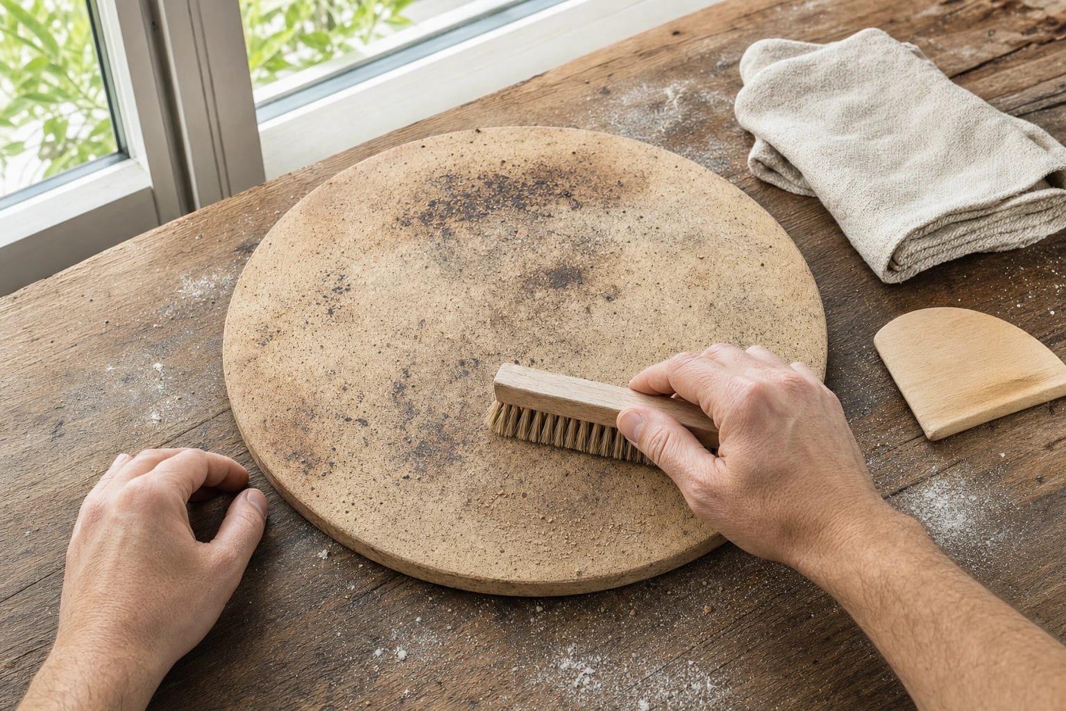 Ein vollständig abgekühlter Pizzastein wird trocken mit Bürste und flachem Holzschaber von Backresten befreit.