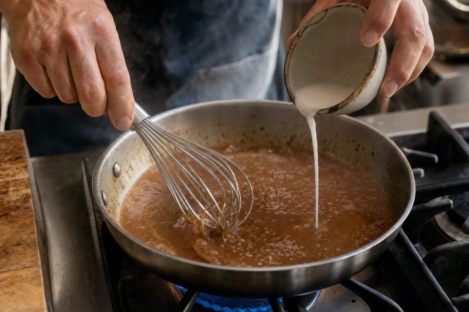 Glänzende Sauce am Kochlöffel neben Schalen mit Stärke, Mehl und kalter Butter.
