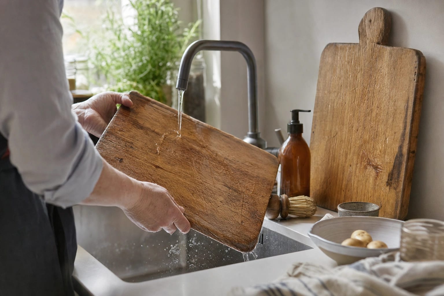 Holz- und Kunststoffschneidebrett trocknen getrennt neben Spülbecken und Bürste.