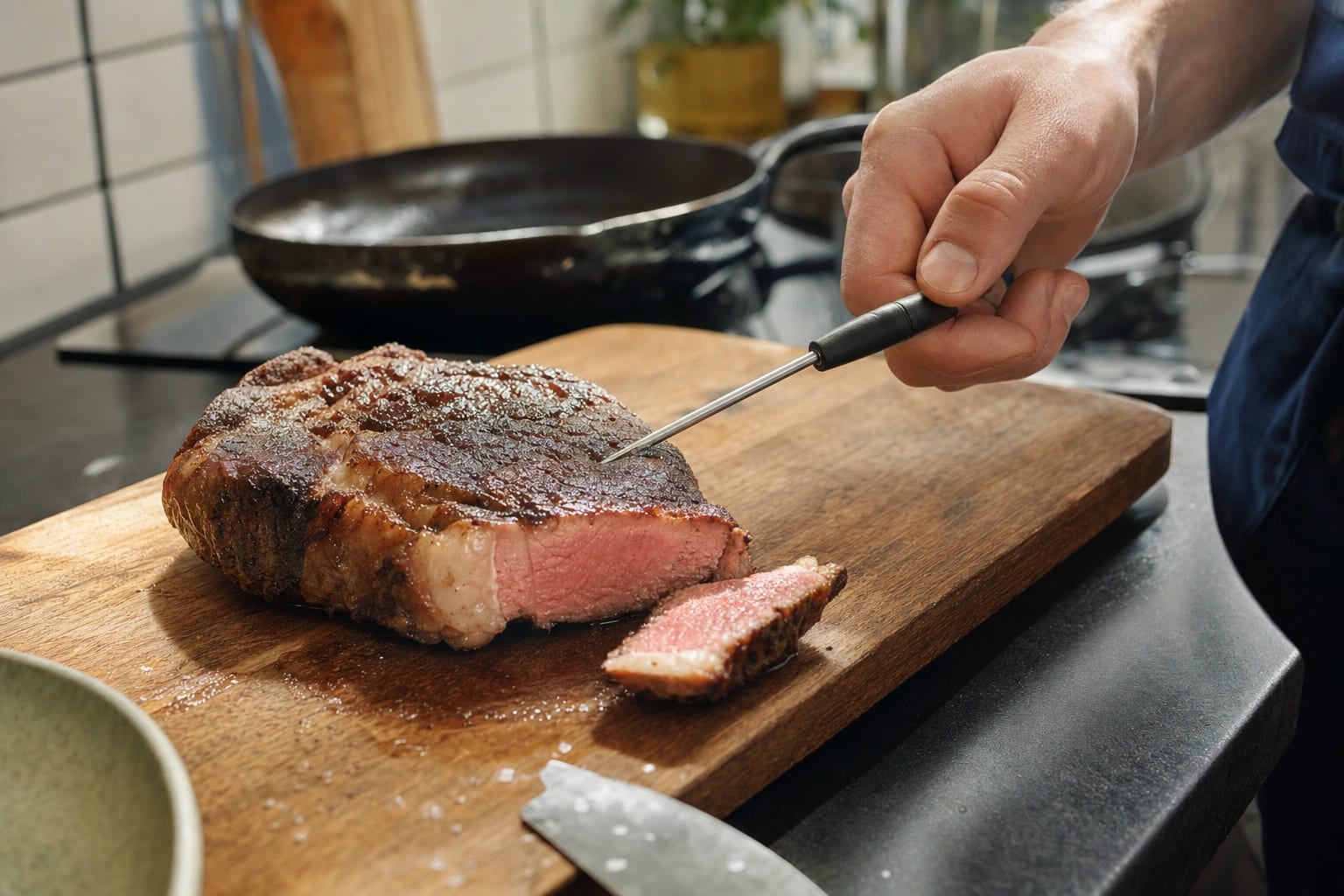 Ein gebratenes Rindersteak liegt mit drei ungleich geschnittenen Scheiben und sichtbar rosigem Kern auf einem dunklen gebrauchten Brett.
