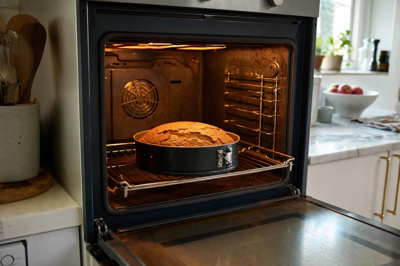 Handgeschnittenes Ofengemüse bräunt unregelmäßig auf einem einzelnen Blech in einem geöffneten Haushaltsbackofen.