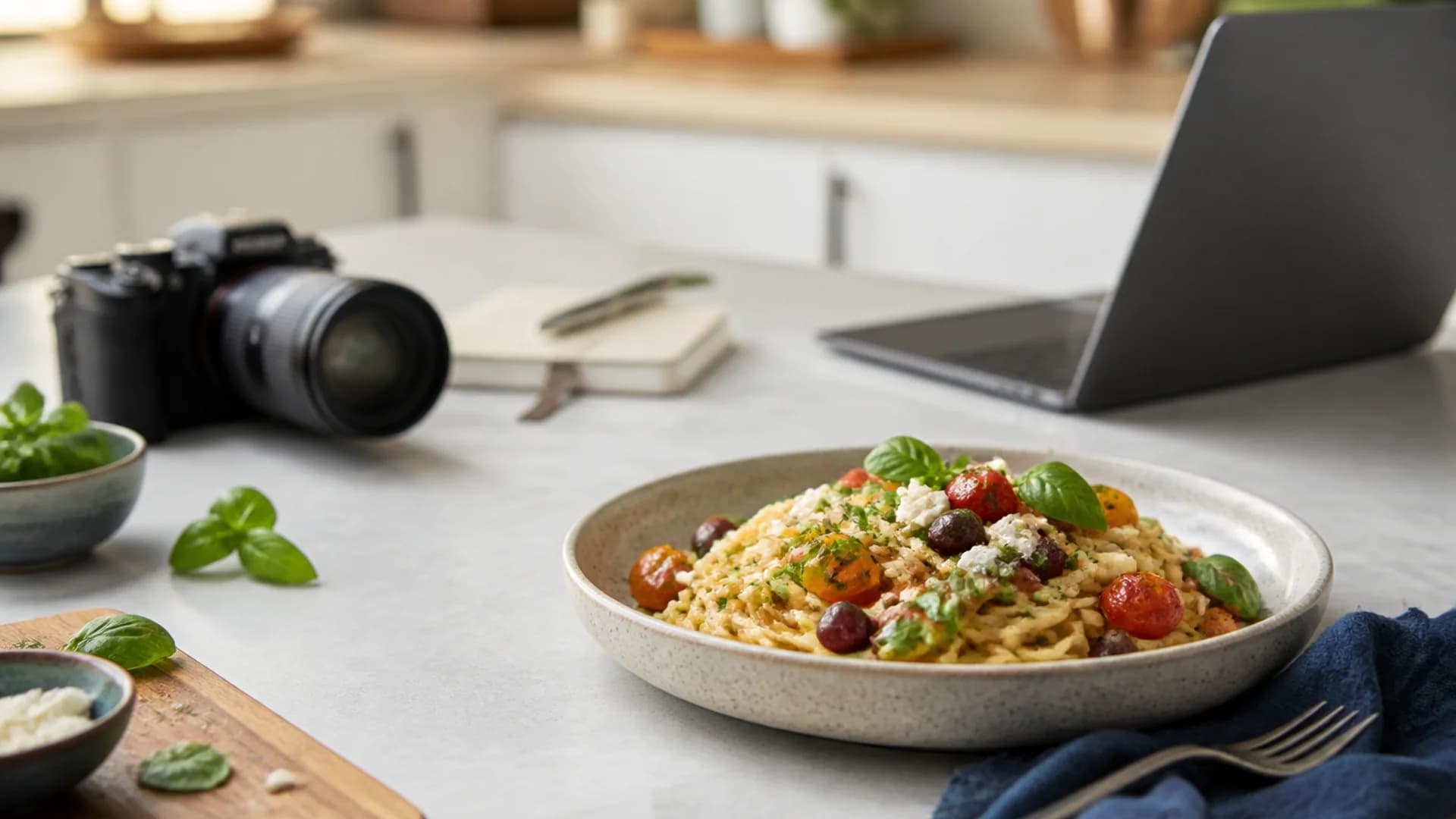 Heller Arbeitsplatz für Food-Publishing mit Pastagericht, Kamera, Notizbuch und Laptop.