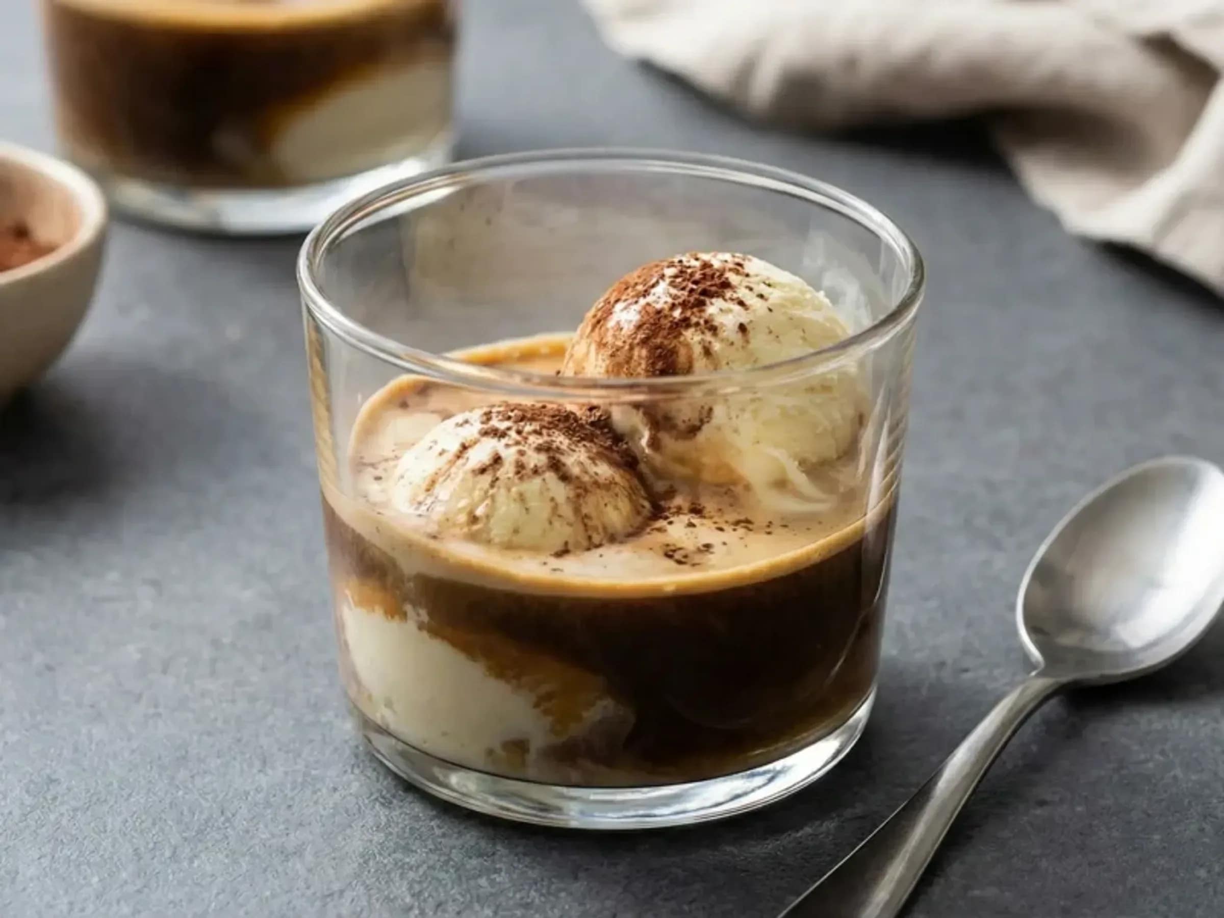 Affogato al Caffè mit heißem Espresso Affogato al Caffè mit Vanilleeis, Espresso und feinem Kakaopulver im Glas