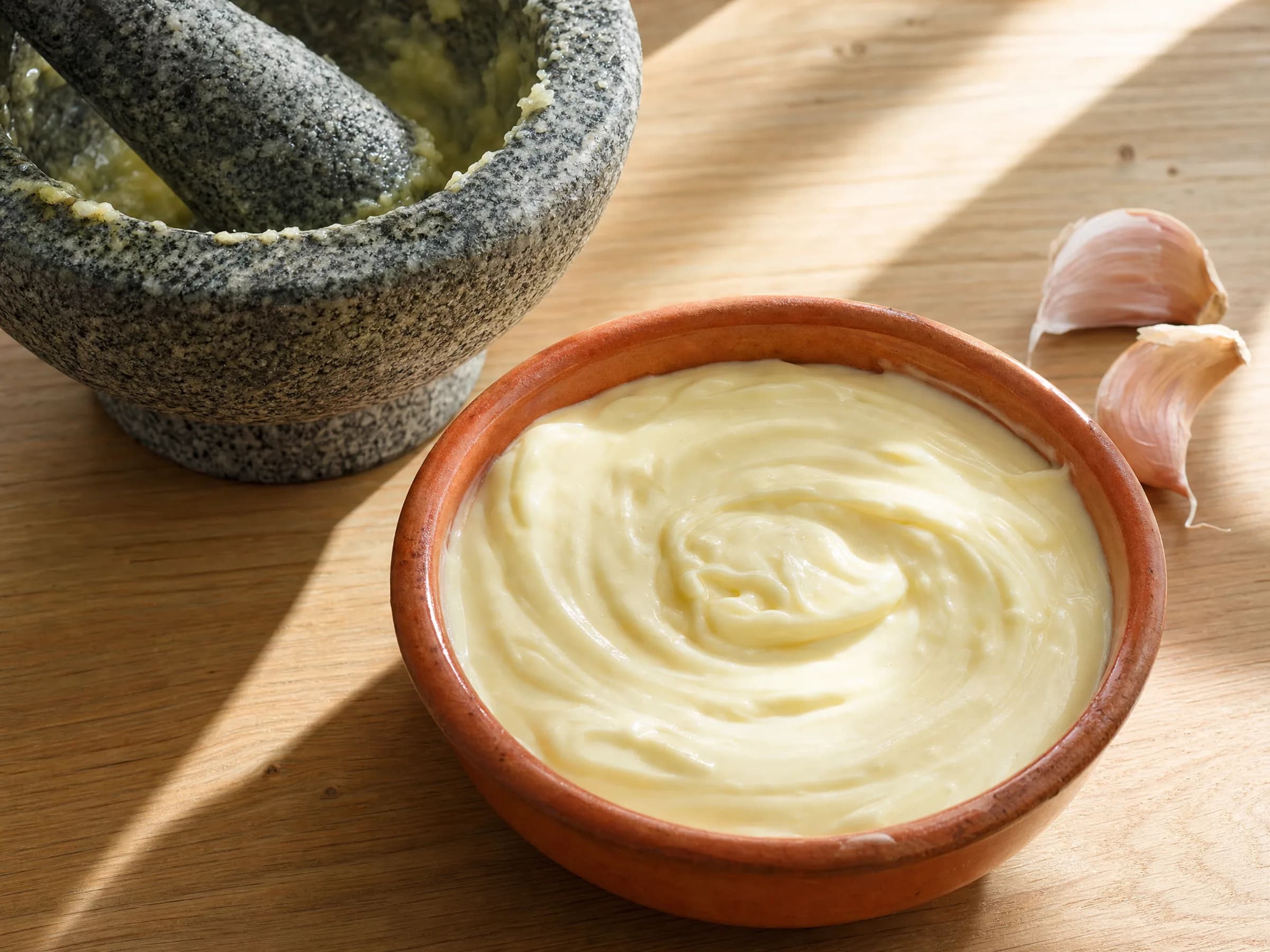 Aioli ohne Ei im Mörser Rezeptfoto Aioli ohne Ei im Mörser fertig angerichtet