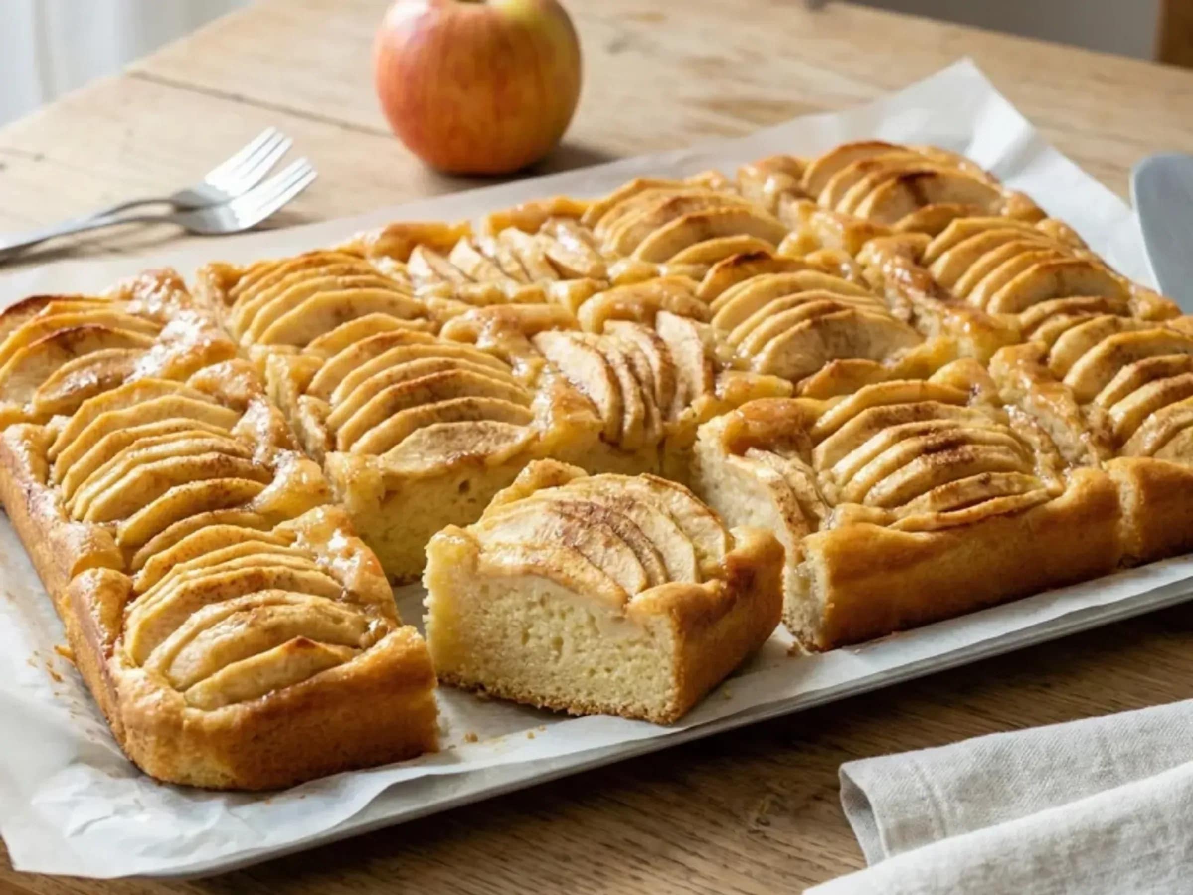 Apfelkuchen vom Blech mit Rührteig Rezeptfoto Apfelkuchen vom Blech mit Rührteig fertig angerichtet